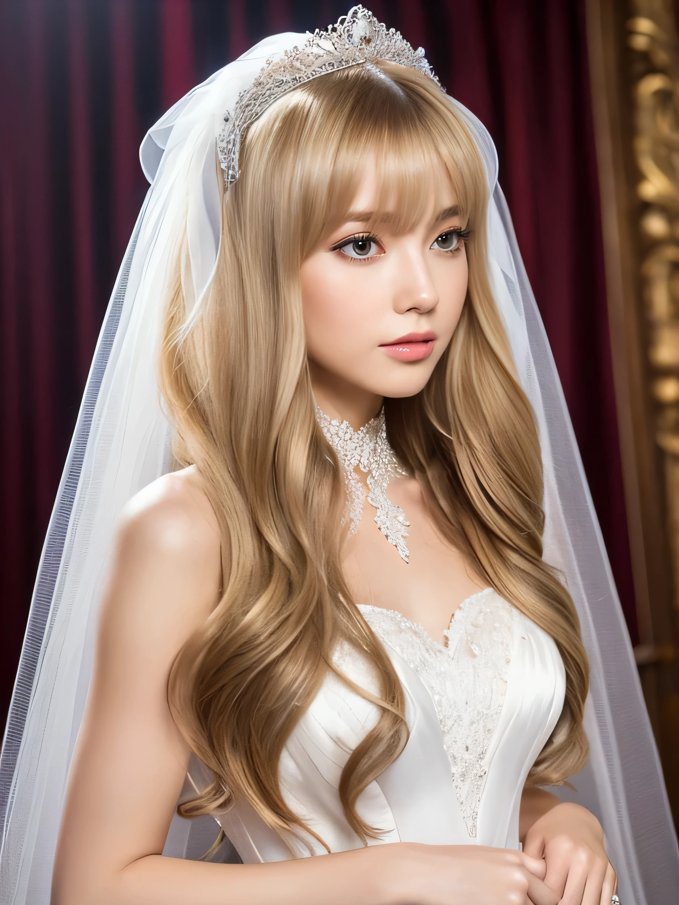 (Very large pure white angel wings of an archangel Wedding dress standing in front of a curtain, soft elegant gown, wearing a Wedding dress, dressed beautiful gown, Wedding dress, wearing organza gown, gown, Tulle and lace, white regal gown, With natural light as a background, beautiful Wedding dress, white gown, Elegant and graceful, beautiful gown, beautiful and elegant, intricate gown, romantic gown Wedding dress standing in front of a curtain, a portrait by Eizan Kikukawa, Pinterest, Baroque, soft elegant gown, wearing a Wedding dress, dressed beautiful gown, Wedding dress, wearing organza gown, gown, Tulle and lace, white regal gown, With natural light as a background, beautiful Wedding dress, white gown) ((Full Shot:1.2)) ((highest quality)), ((masterpiece)), (Get used to it), Perfect Face (1 girl) (French) (She is 18 years old、The cutest and most beautiful fantasy girls from France) ((highest quality)), ((masterpiece)), length blonde hair length, Shiny golden hair,Golden Silky Hair, Straight blonde hair, length blonde straight hair, Perfect Silky Straight Hair, Straight blonde hair, length blonde hair, Her hair is long and straight, detailed length blonde hair Super Long Hair down to the ankles ((Neat bangs The neatly trimmed bangs are princess cut and cover the entire forehead..)) (Big Tits 1.4) bright crimson lips good, Anatomically correct hand Thin fingers Anatomically correct five fingers Sexy professional makeup Beautiful French girl face, French facial features, Long Hair shiny Long Hair, length, Shiny golden hair, length, Straight Golden Hair, Her hair is long and straight, Super Long Hair girl, Silky Hair, length blonde hair, Silky Hair, length, Flat Hair, Silky texture, Long Hair, length, flowing blonde hair, thin and shiny hair Anatomically correct、White beautiful human skin and detail of hands and fingers Beautiful Eyes Mouth Details the corners of the mouth rise slightly Cool look (The eyebrows are dark brown in color) (She looks at the viewer and gives a sweet smile.) (The location of the photo is a starry sky, a ladder, and a flock of birds.., Matte paintings inspired by Johan Jongkind, Shutterstock, magical realism, Entrance to the spirit world, Magic portal in the sky, In the astral world ) ) ), Esoteric equation heaven, Dreamscape Painting, stairway to heaven, magical dreamy atmosphere, Entrance to the spirit world