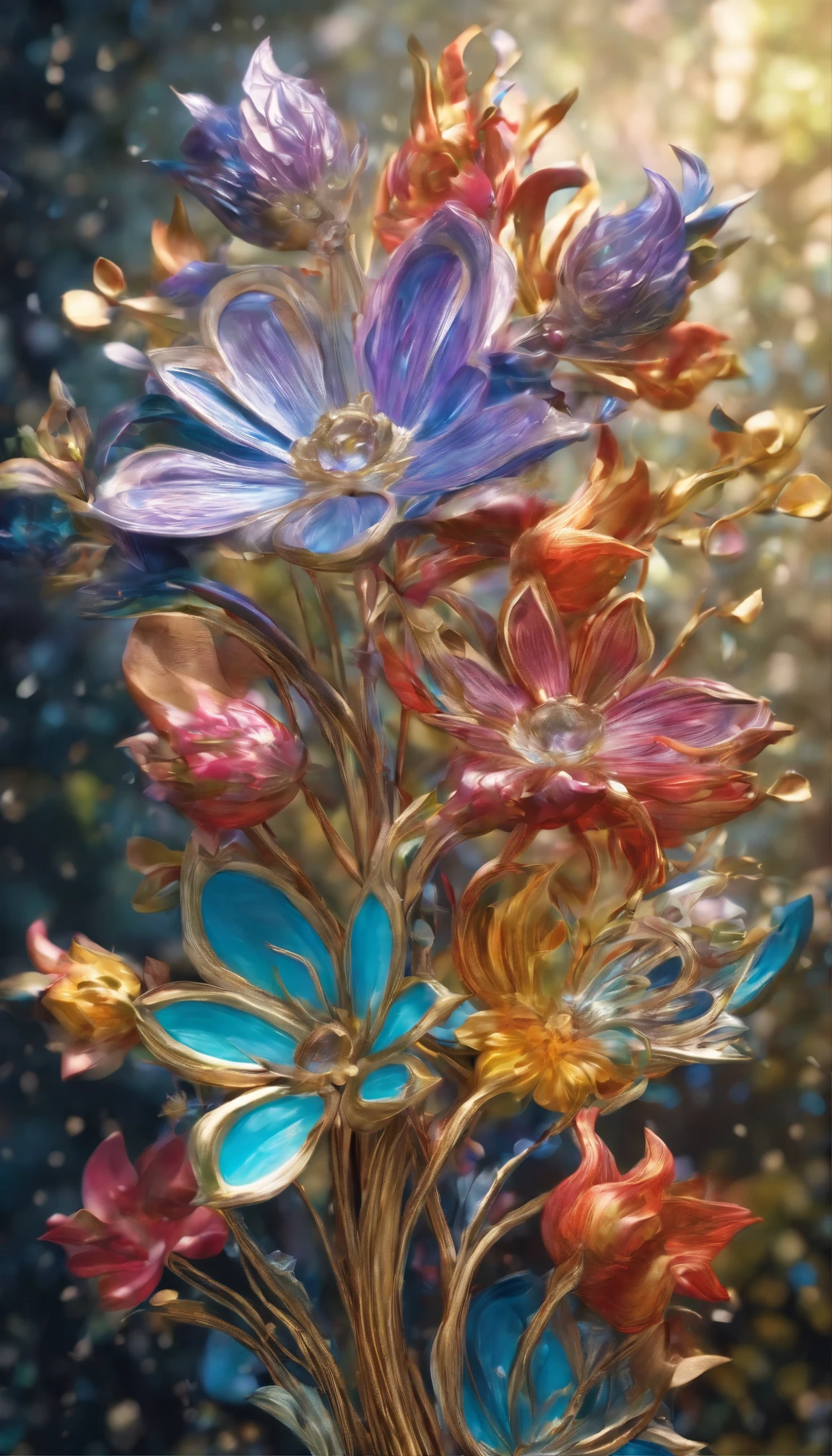 All expressed with colorfull jewels, the arrival of spring, various beautiful balloonflower made of jewels, angles looking up from below, various jewels falling from the sky, wonderful and beautiful superb view, slightly hazy, fantastic, high resolution, 8K, (best quality, highres, realistic:1.37), shiny metallic flowers, intricate and delicate petals, reflective surfaces, vibrant colors, intricate details, close-up view, surreal garden, surreal beauty, dreamy atmosphere, fine art, abstract botanicals, metallic sculpture, contrasting textures, ethereal glow