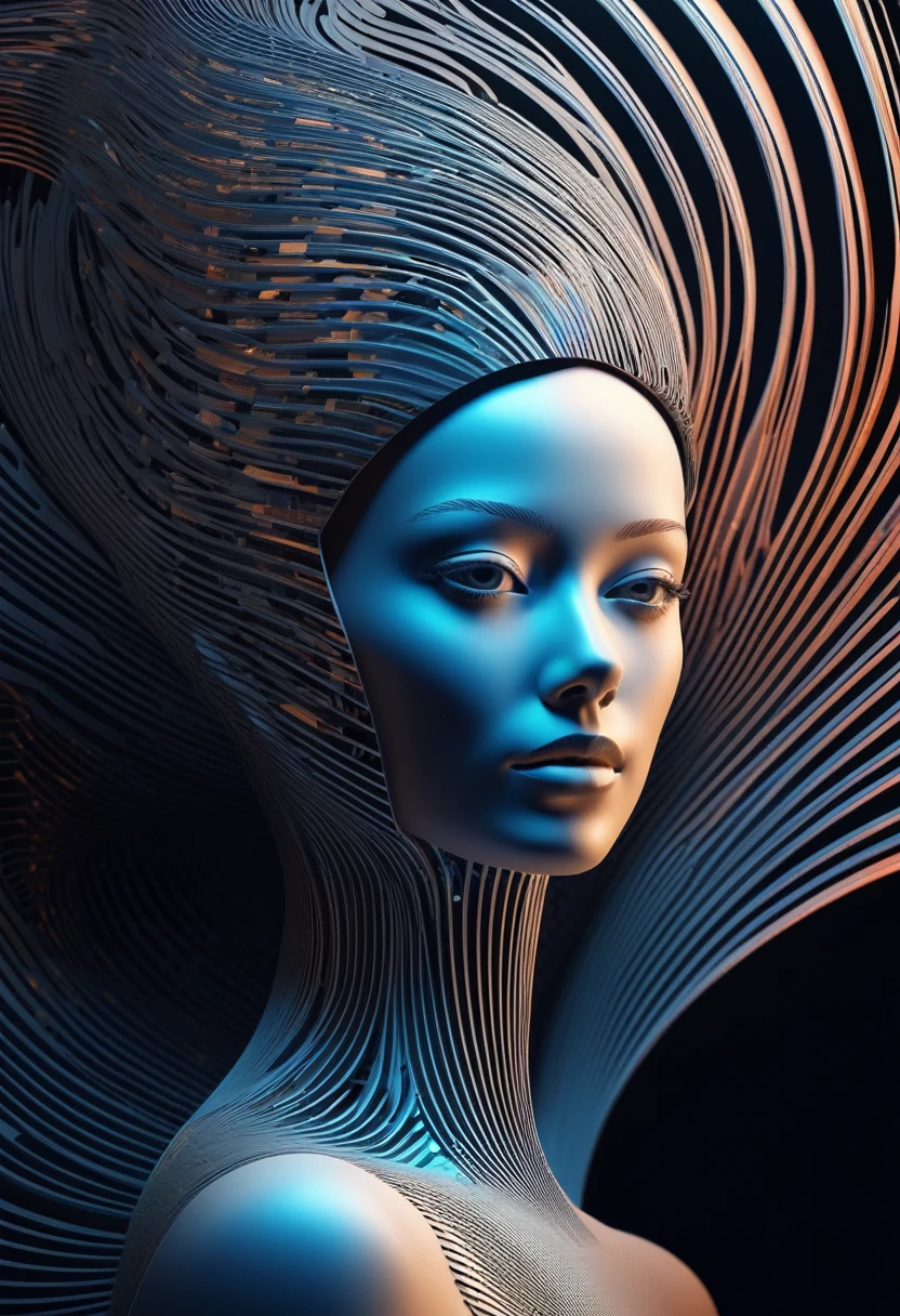 Paper Art Cut Portraits, Beautiful supermodel made with cybernetic digital binary barcode data in synesthesia style, Vector dot futuristic, Fractal Art, The wave rises in a perfect spiral, luminogram jewel - metallic tone gradient, Charged glowing circuit wave, Cinema 4D, Octane Rendering, Very detailed, Algorithmic Symmetry, Movie Lighting, Surreal, 8k, Unreal Engine, Extremely detailed, Ultra HD