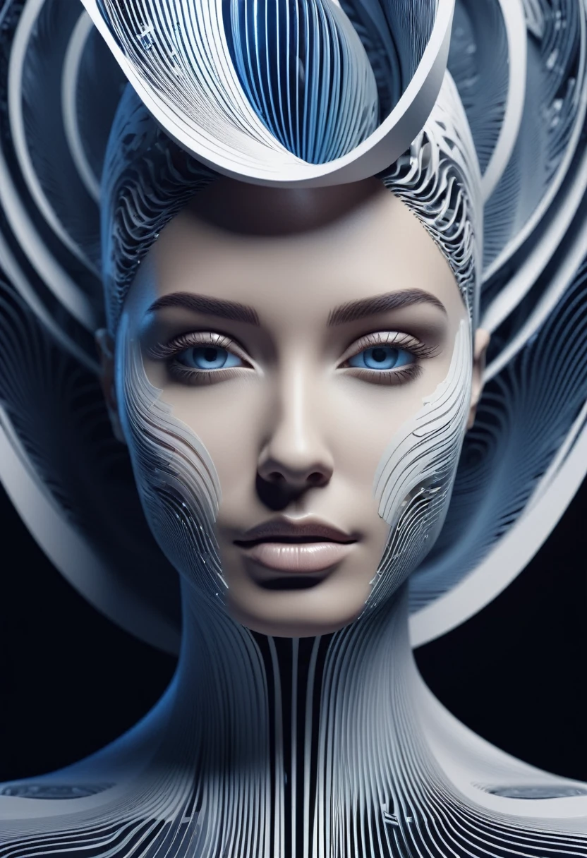 Paper Art Cut Portraits, Beautiful supermodel made with cybernetic digital binary barcode data in synesthesia style, Vector dot futuristic, Fractal Art, The wave rises in a perfect spiral, luminogram jewel - metallic tone gradient, Charged glowing circuit wave, Cinema 4D, Octane Rendering, Very detailed, Algorithmic Symmetry, Movie Lighting, Surreal, 8k, Unreal Engine, Extremely detailed, Ultra HD