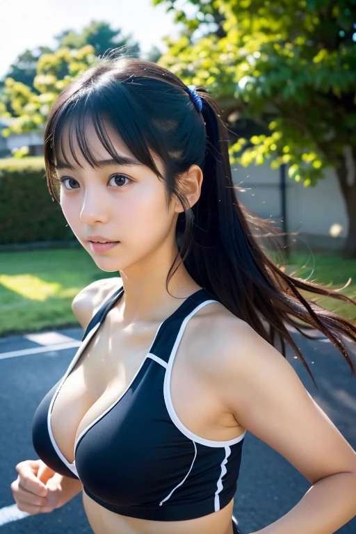 -yeld Jaese girl running,Big breasts:1.5,japanese gym wear,Black Hair,Long Hair,(masterpiece:1.4),(highest quality:1.4),Close-up,Yoshitomo Nara,mayuri shiina, Beautiful Japanese girl face, Yoshitomo Nara, Beautiful Asian Girl, yasumoto oka,School building,Shooting from the side