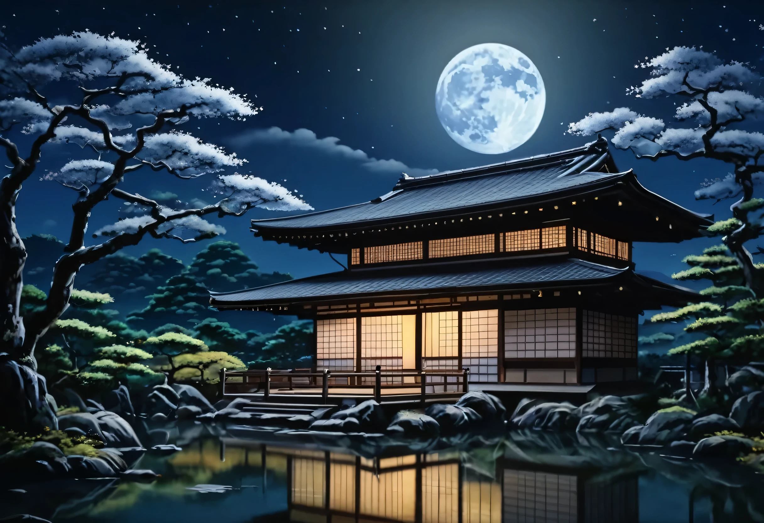 Painting of a Japanese house in the moonlight with a full moon, The art of Japan style, Quiet and peaceful atmosphere, The art of Japan, traditional The art of Japan, Japan at Night, Beautiful Art UHD 4K, The art of Japan art, Anime Background Art, old The art of Japan, Zen temple background, Traditional Japanese painting, Highly Detailed 4K HD Wallpapers, 4K Highly Detailed Art