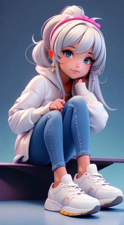 uma garota super fofa, corpo todo, cute hair accessories, usa uma jaqueta preta, Jeans and white sneakers, tem olhos castanhos grandes e brilhantes, She's sitting on the floor, Projeto IP, Clean and bright background 3D rendering, oc rendering, 8k, foco suave, fino detalhe brilhante super --ar 3:6 50 --q 2 --niji 5 --estilo expressivo --s 2