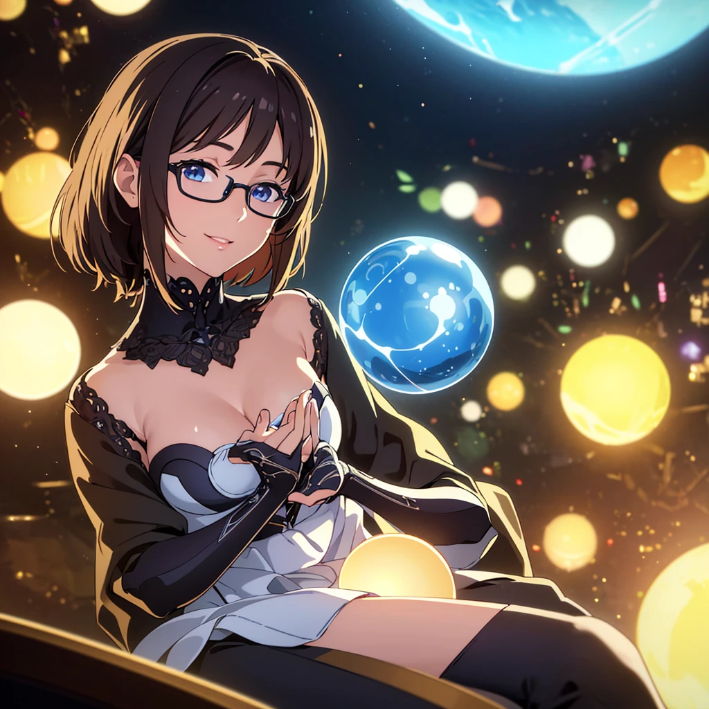(best quality,4k,8k,highres,masterpiece:1.2), ultra-detailed, (realistic,photorealistic,photo-realistic:1.37), HDR, UHD, studio lighting, extreme detail description, professional, vivid colors, bokeh, portraits, anime, short dark hair, dark skin, beautiful detailed eyes, a small smile on her lips, shiny glasses lenses, sitting, with her hands holding a glowing orb while two other glowing spheres orbit around her.