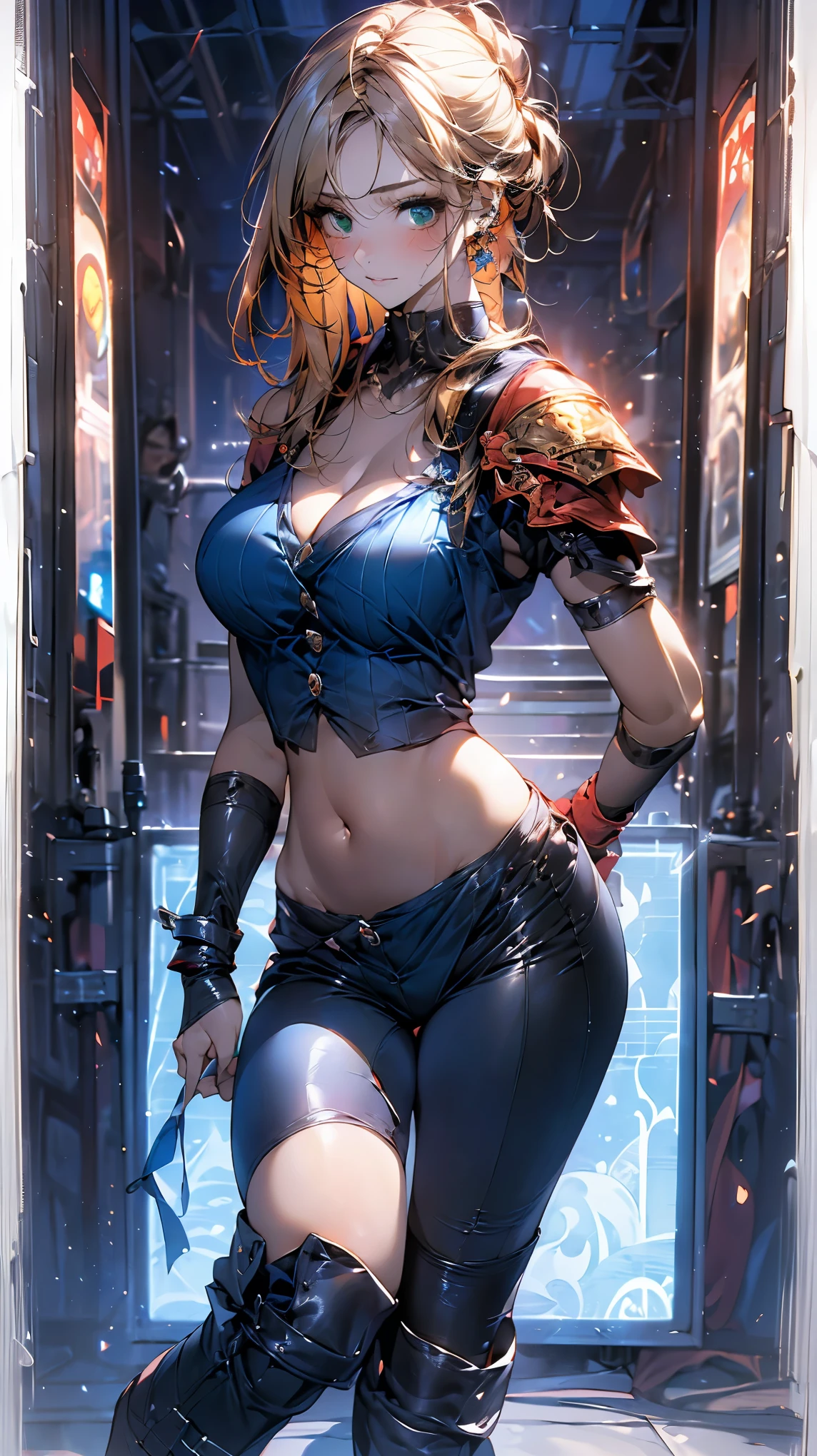 (masterpiece:1.2, highest quality), (Realistic, photoRealistic:1.4), Beautiful illustrations, (Natural Side Lighting, Cinema Lighting),
View your viewers, whole body, 1 girl, Japanese, high school girl, Perfect Face, Cute and symmetrical face, Sunburn, Shiny skin,
(Short Hair:1.5, Straight hair:1.4, Blonde), Hair on one eye:1.4, Emerald green eyes, Long Eyelashes, (Mid-chest:0.3), (Big Ass),Pink Eyeshadow,
Beautiful Hair, Beautiful Face, Beautiful fine details, Beautiful clavicle, Beautiful body, Beautiful breasts, Beautiful thighs, Beautiful feet, Beautiful fingers,
, (((AS-Adult))), (((1girll))), ((( Bob Hair))), A 20-year-old cyberpunk gladiator with a perfect body, Shoulder pads with metal spines, Brooklyn gladiolus, Small leather panties, Torn football team shirt, Simon Beasley, almost naked(Simon Bisley)Urban barbaric style for(heavy metal) Minimum clothing, Left arm metal protection,With complex graphics, dark red color,White stars and white and navy blue checkerboard pattern, armure, Full of tips and rivets, (((From the knee up))), Short white blonde hair, The background is Shepard Fairley(Shepard Fairey)Painted walls of complex design,standing,(large breasts),(wide hips:1.7),(Stand with your hands on your hips and your weight on one leg),(cleavage:1.5),(white clothing),sexy bodyline,
