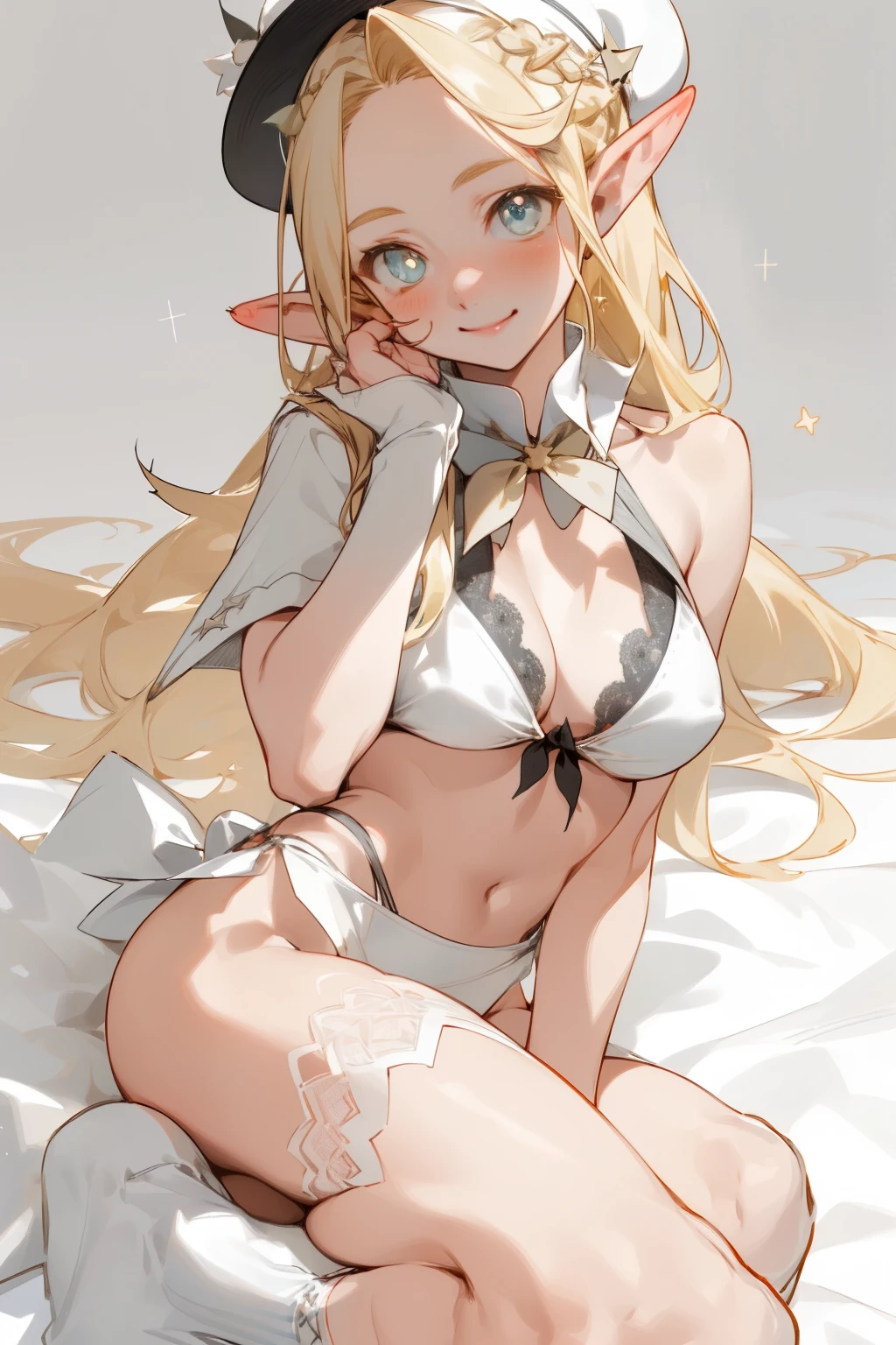 A bikini、Blonde girl wearing hat and silver accessories ,elegant, Pointed ears ,White shirt,Waist-length hair,Smile,Star decoration,White lace socks,thorns,Rose,Vest line