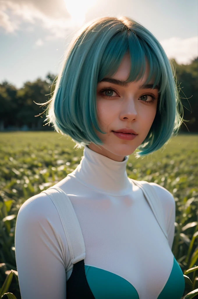 (dramatic lighting:1.2), 1girl, (green field:1.2), hdr, looks at the viewer, (film overlay, film grain:1.3), (high contrast, dim light), mouth closed, smirk, cozy,  evangelion, rei,  ayanami_rei, red eyes, plugsuit, bodysuit,  white bodysuit, pale blue hair color, close-up