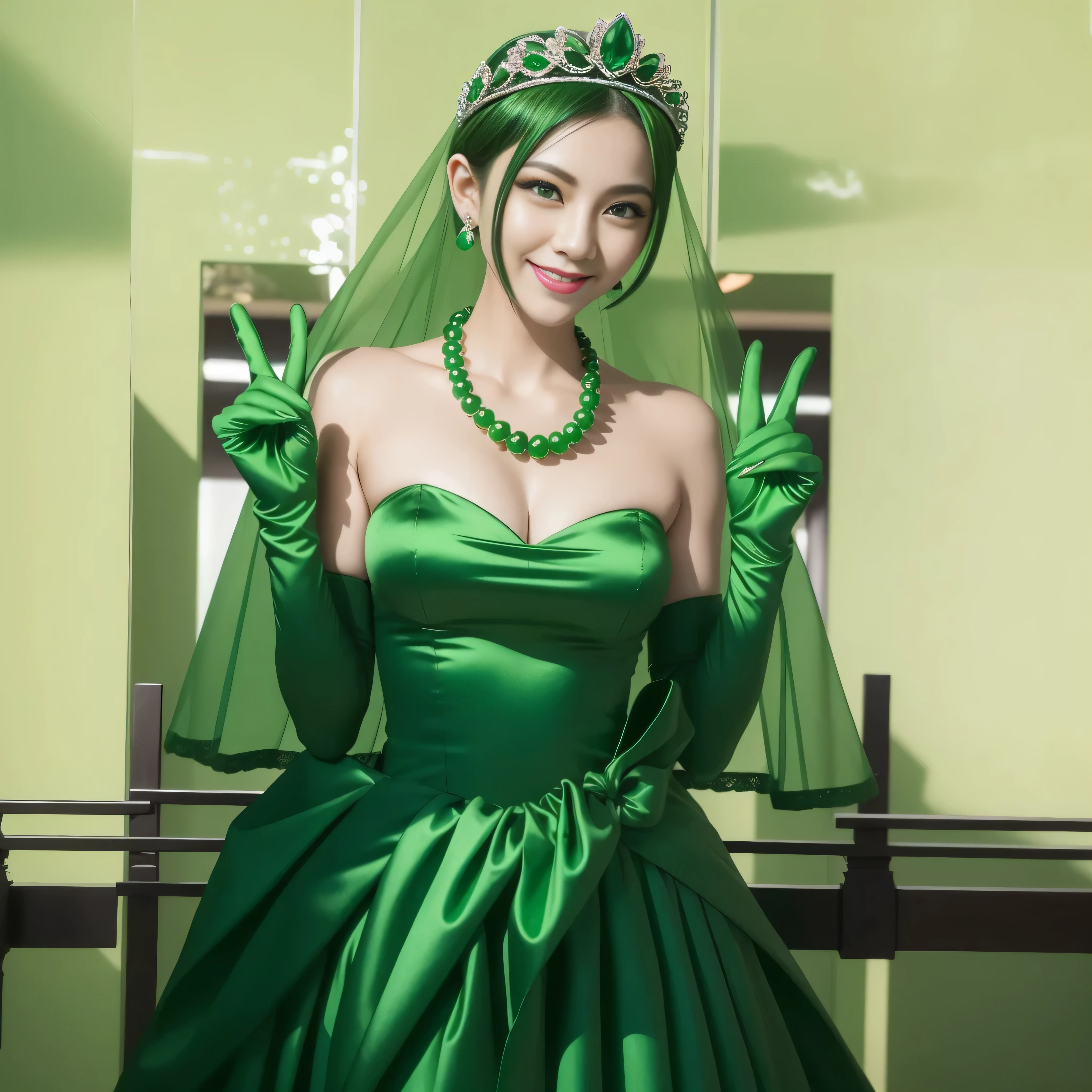 Emerald tiara, Green Pearl Necklace, Boyish very short green hair, lipstick, Smiling Japanese woman, Very short hair, Big tits beautiful, Green Eyes, Long green satin gloves, Green Eyes, v sign, Emerald Earrings, Green Veil
