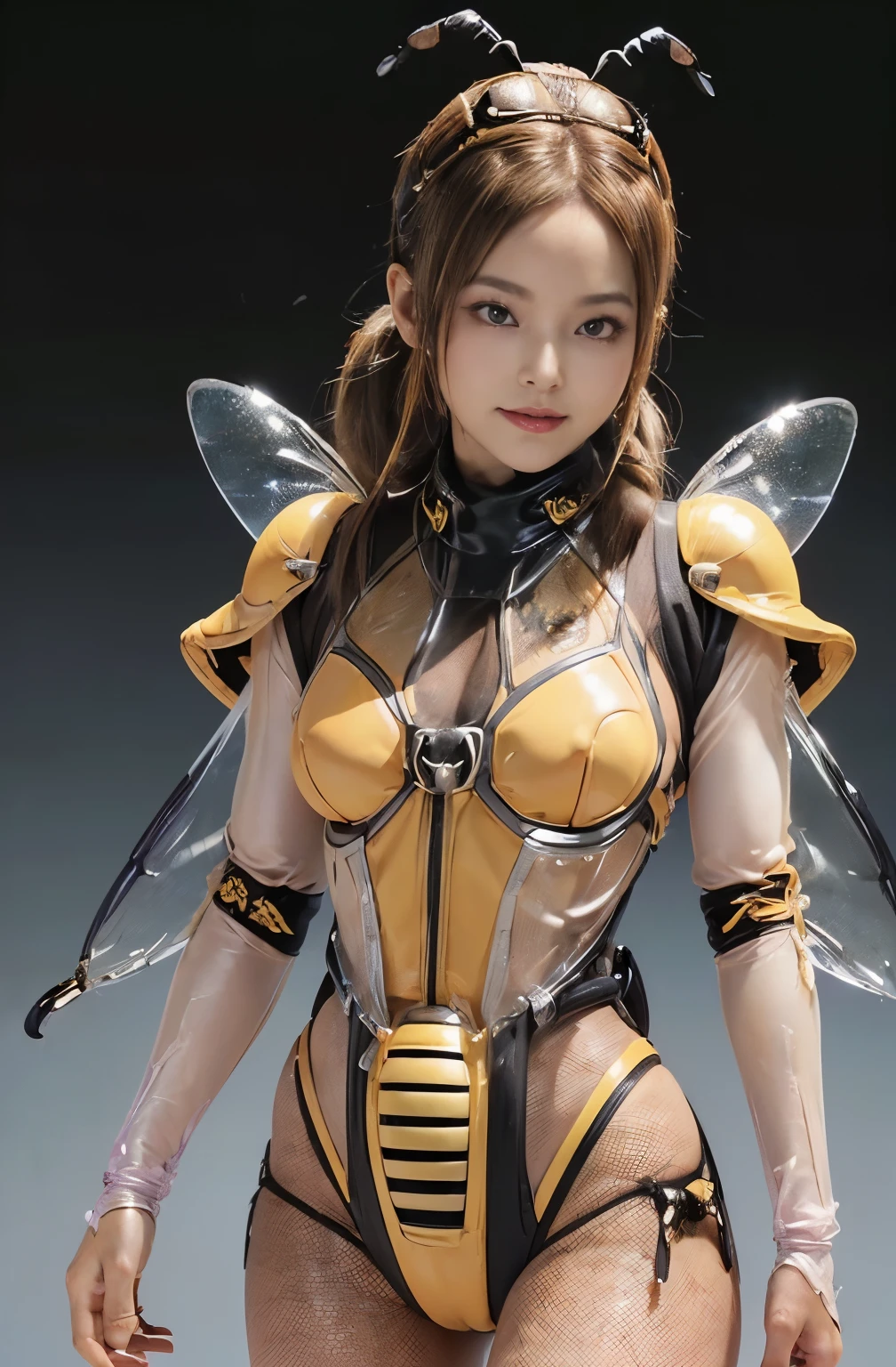 (high resolution,masterpiece,best quality,extremely detailed CG, anime, official art:1.4), realistic, photo, amazing fine details, all intricate, gloss and shiny,awesome many layers, 8k wall paper, 3d, sketch, kawaii, illustration,( solo:1.4), perfect female proportion,villainess, (fusion of queen bee and lady:1.4), (queen bee form lady:1.2), (queen bee lady:1.2), (fusion:1.2), (solo:1.4), (evil smile:1.2), muscular, abs, (queen bee exoskeleton bio insect suit:1.4), (queen bee exoskeleton bio insect armor:1.2), (brown transparency queen bee wing:1.4), (brown queen bee antennae:1.3),