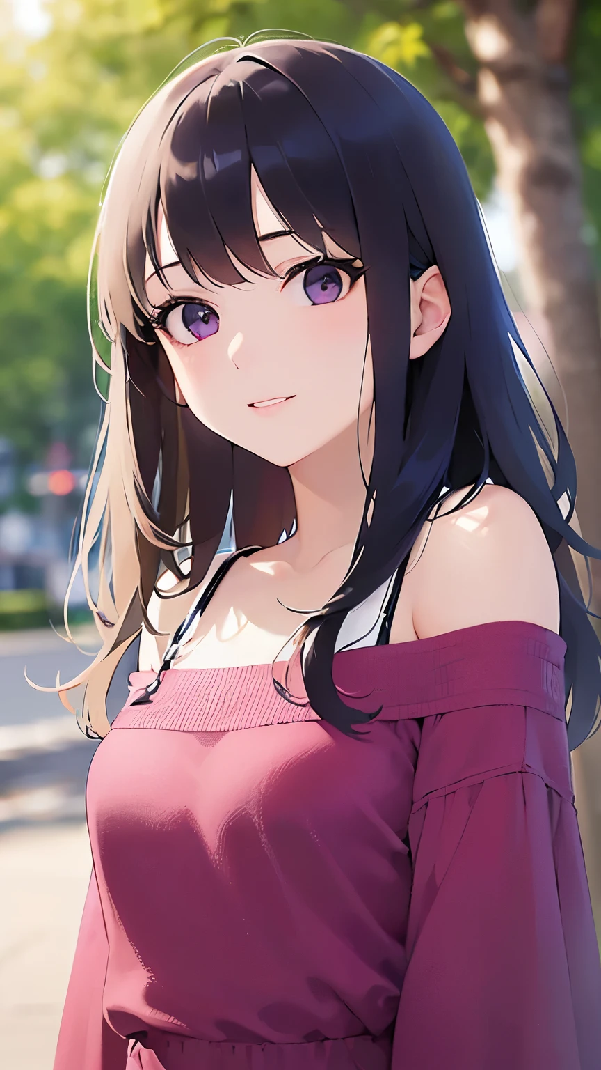 looking up, head tilt、Upper Body, Realistic, real person, (pale skin: 1.2), RAW photo, photorealistic, portrait photography, shiny skin, shiny hair、(A 25-year-old woman with wavy hair and bangs) and (medium hair) and (black hair) and (purple eyes) , (pink dress) and (Off the shoulder) and (long sleeve)、smile, The background is a park、wood、grass、Sidewalk、Alone、Are standing
