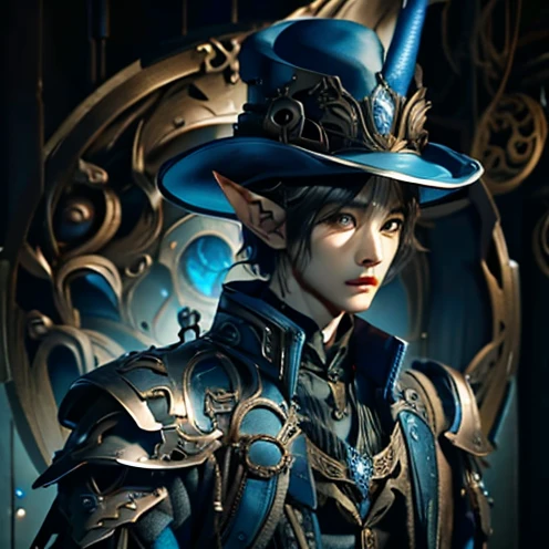 Jaehyun (NCT) as a handsome Kpop idol version of "Hatter Madigan", Hatter H, a steampunk Mad Matter wearing an armored blue jacket and tall blue hat; Good looking Asian (Kpop idol) elf with black hair wearing a blue steampunk suit (over an armored breastplate). Slim, slender and pale skinned Asian boy wearing a blue suit with straps, buckles and metal reinforcements. Like Sungwoo as an Asian elf with black hair wearing a reinforced armored jacket decorate with metal parts