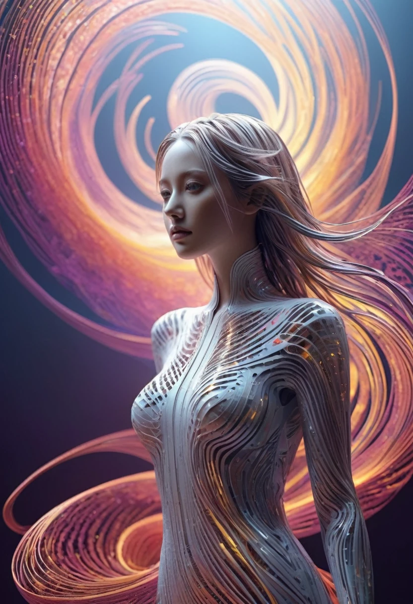 Paper Art Cut Portraits, Beautiful supermodel made with cybernetic digital binary barcode data in synesthesia style, Vector dot futuristic, Fractal Art, The wave rises in a perfect spiral, luminogram jewel - metallic tone gradient, Charged glowing circuit wave, Cinema 4D, Octane Rendering, Very detailed, Algorithmic Symmetry, Movie Lighting, Surreal, 8k, Unreal Engine, Extremely detailed, Ultra HD