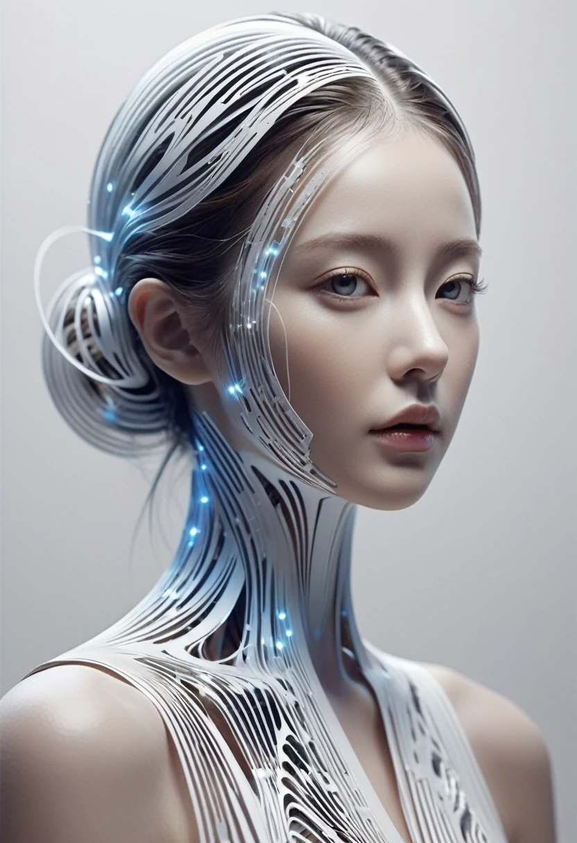 Paper Art Cut Portraits, Beautiful supermodel made with cybernetic digital binary barcode data in synesthesia style, Vector dot futuristic, Fractal Art, The wave rises in a perfect spiral, luminogram jewel - metallic tone gradient, Charged glowing circuit wave, Cinema 4D, Octane Rendering, Very detailed, Algorithmic Symmetry, Movie Lighting, Surreal, 8k, Unreal Engine, Extremely detailed, Ultra HD