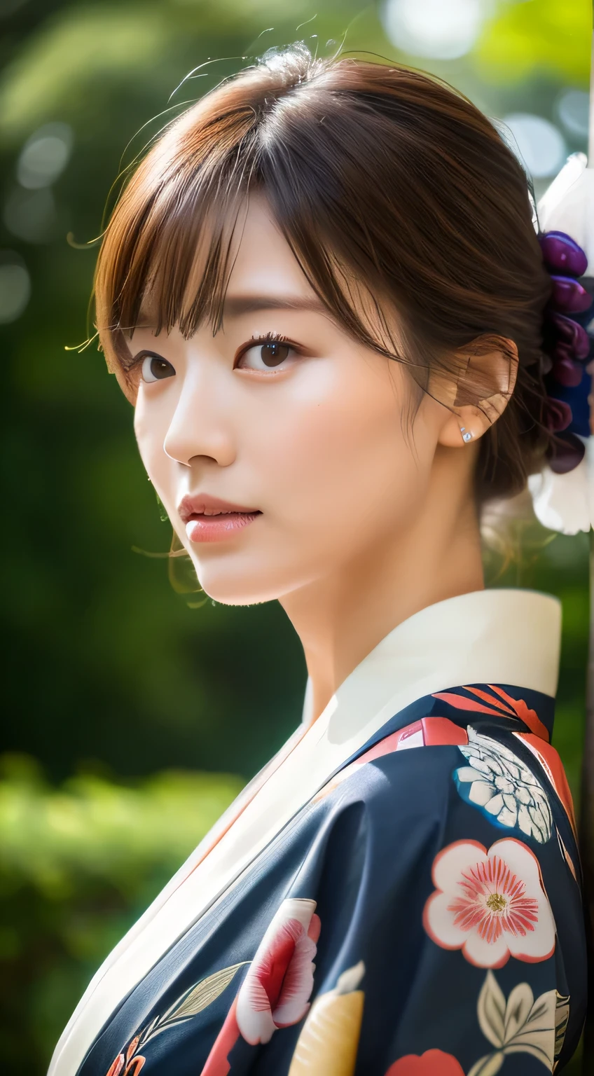 ((highest quality, 8k, masterpiece: 1.3)), Sharp focus: 1.2, Beautiful woman with perfect figure: 1.4, (kimono), street tree, Highly detailed face and skin texture, Fine grain, (lips), Dark brown hair