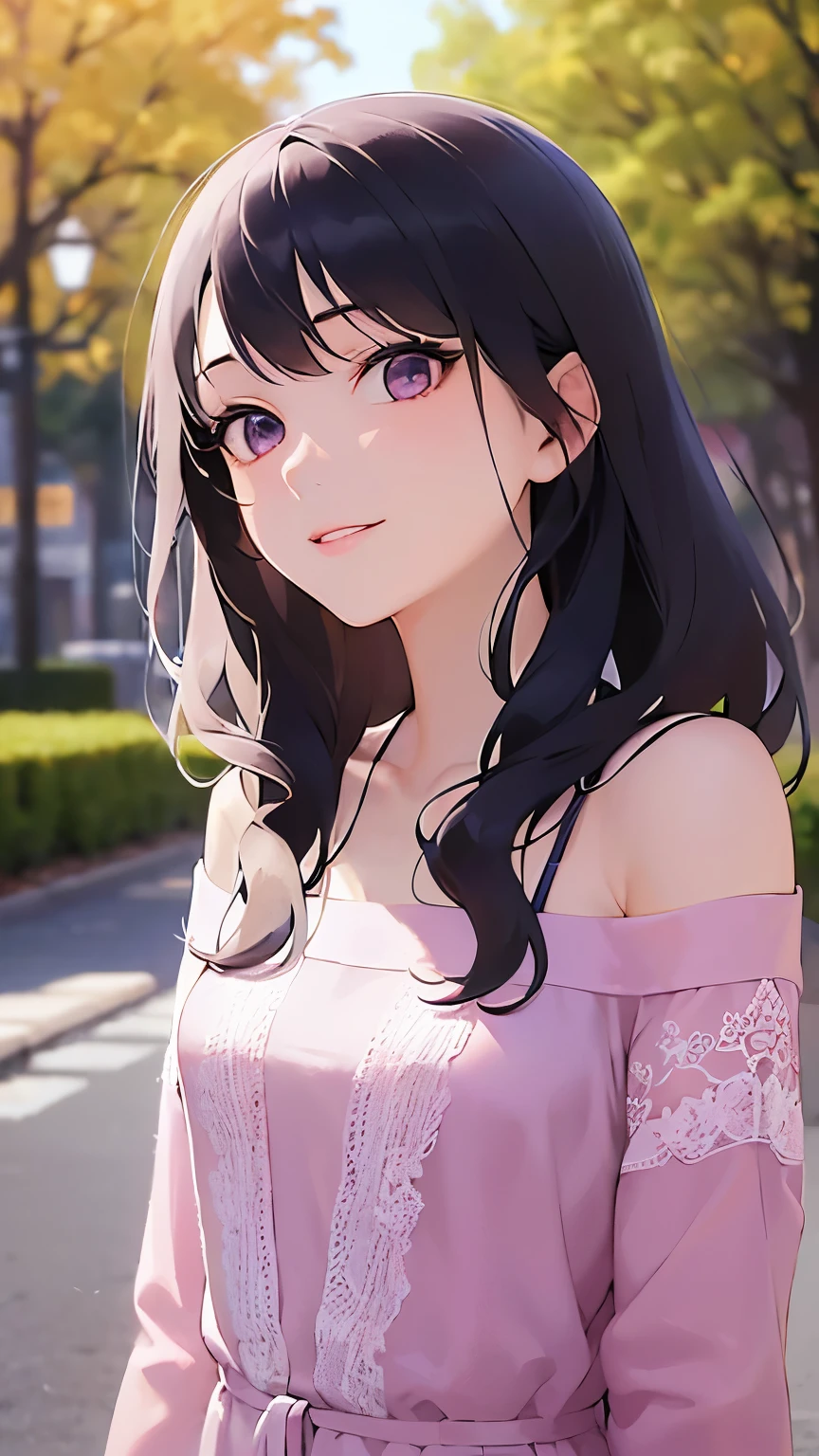 looking up, head tilt、Upper Body, Realistic, real person, (pale skin: 1.2), RAW photo, photorealistic, portrait photography, shiny skin, shiny hair、(A 25-year-old woman with wavy hair and bangs) and (medium hair) and (black hair) and (purple eyes) , (pink dress) and (Off the shoulder) and (long sleeve)、smile, The background is a park、wood、grass、Sidewalk、Alone、Are standing