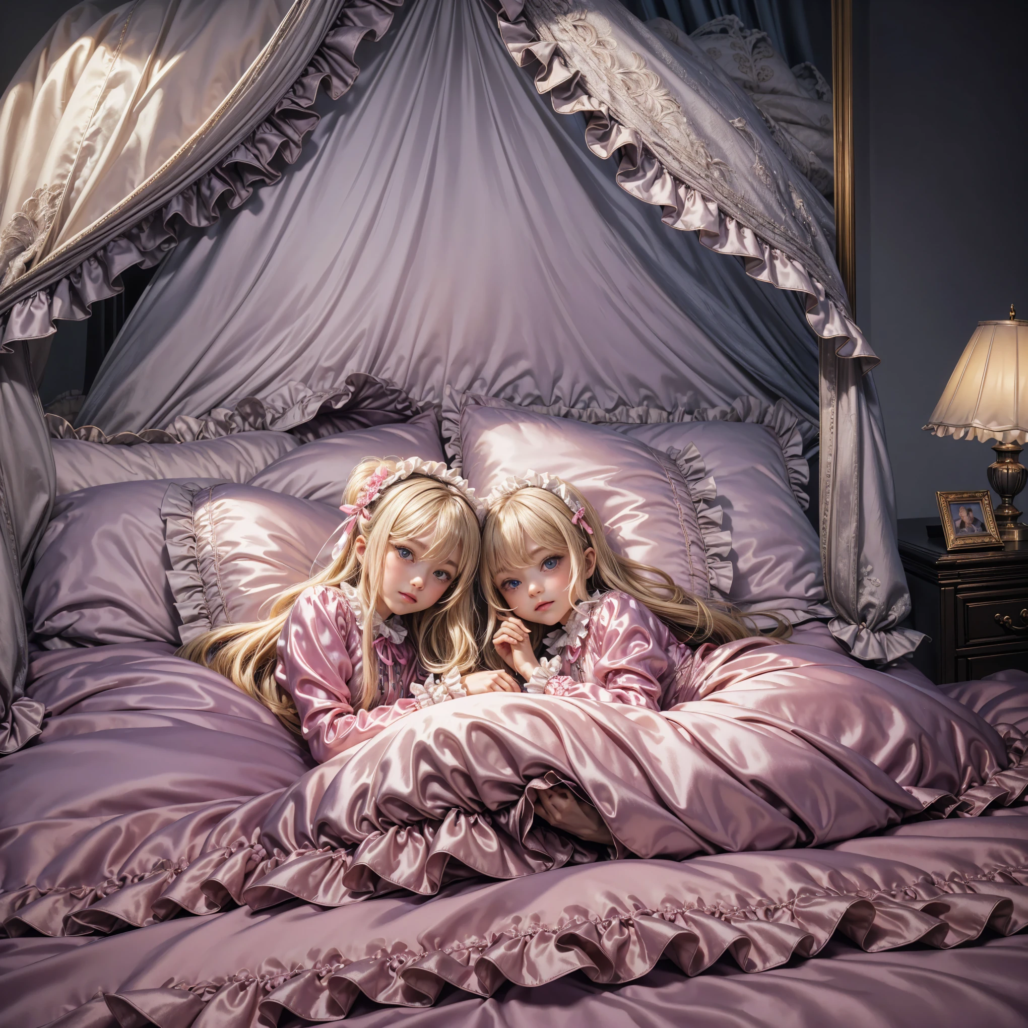,highest quality, masterpiece, Highest Resolution, artwork, super それにGet used to it, many Get used to it, Get used to it, それにGet used to it, 3K anime illustrations,(( girl)),Super detailed baby face,hty small face,long blonde hair that grows to the waist,blue eyes,白い肌のEuropean,pajamas, European,(((Super long blonde hair))),Curly Hair,blue eyes,((((ピンクのシルクサテンのロリータファッションのLong skirtのワンピースドレス)))),((Pink silk satin dress with lots of ruffles and ribbons)),((A gorgeous headdress with frills and ribbons)),Detailed headdress,,(((Large yoke collar))),Yoke collar with ruffles and bow,((((Long sleeve)))),Ruffle sleeves,((((Long skirt)))),White ruffle and lace socks,Large silk satin ruffle pillow,(((Nice pink outfit))),豪華なCanopy bedの上,Canopy bed,The bed is surrounded by luxurious curtains.,The bed is decorated with silk satin ruffle pillows,There are many pink frilly pillows behind the girl,Highly detailed background,Detailed bed,Soft pink silk satin comforter,Very fine soft frilly pillow,Beautiful girl illustration,Beautiful face in every detail,Thin Hair,Detailed eyes ,Detailed eyess,Mouth details, Arm details,Beautiful Hands,Detailed pillow,Large bed,Illustration on the bed, ,((((Round futon)))),((((A large, ruffled silk satin duvet covers the entire bed)))),Detailed comforter,Exquisite silk satin bed sheets,Soft bed,Before bedtime,Romantic atmosphere,Palace Bedroom,((((The lower half of the body is hidden under the fluffy futon.....)))) The girl is leaning against a pile of pillows, ,((((Round futon)))),((((A large frilly futon that covers the entire bed)))),Soft and shiny silk satin fabric,