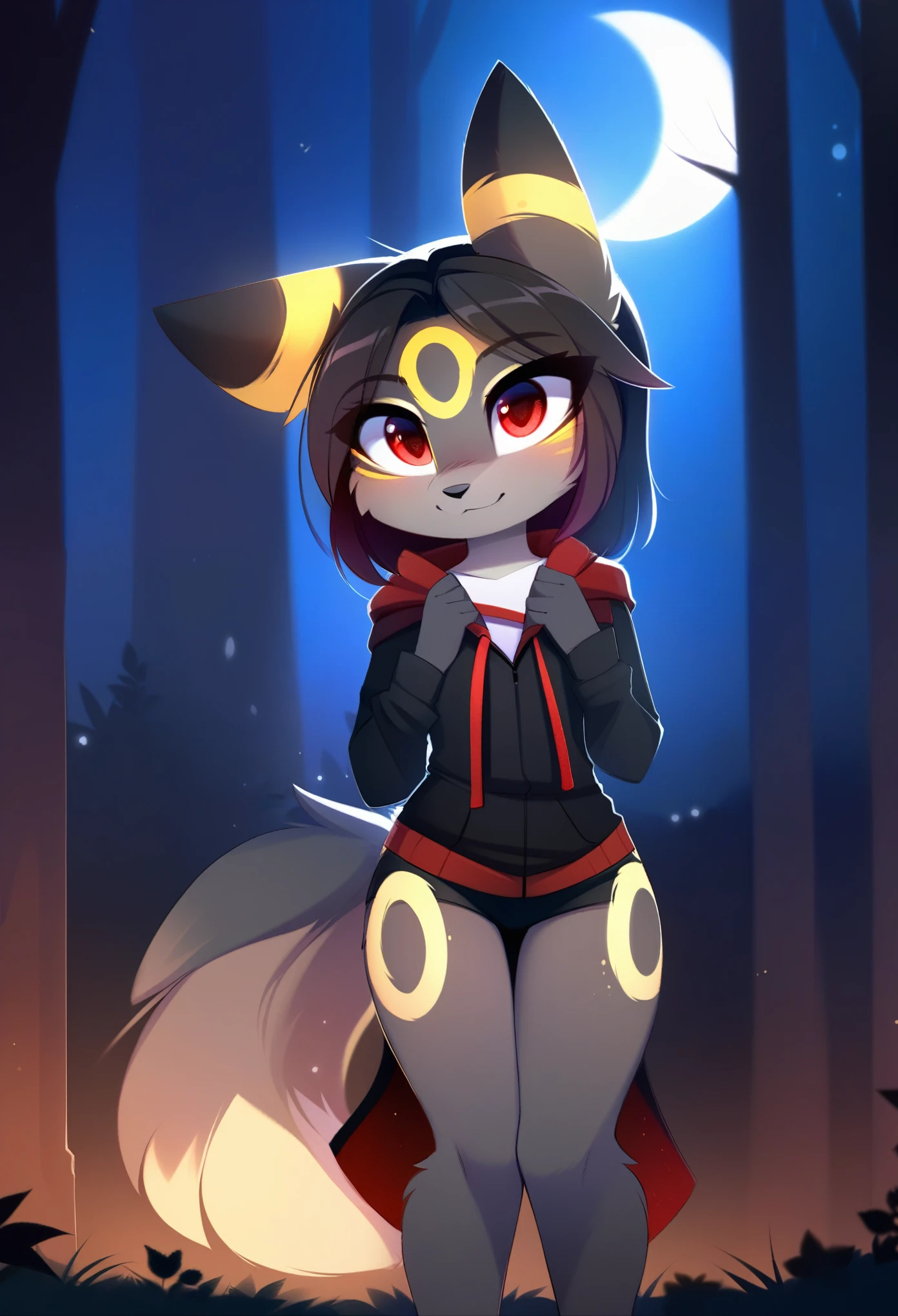score_9, score_8_up, score_7_up, source_furry, rating_safe, by magnaluna,, 1girl,anthro, umbreon, black body fur, gold markings, pokemon, red eyes, fluffy fur, at night, moonlight, forest, detailed background, best quality, clothing