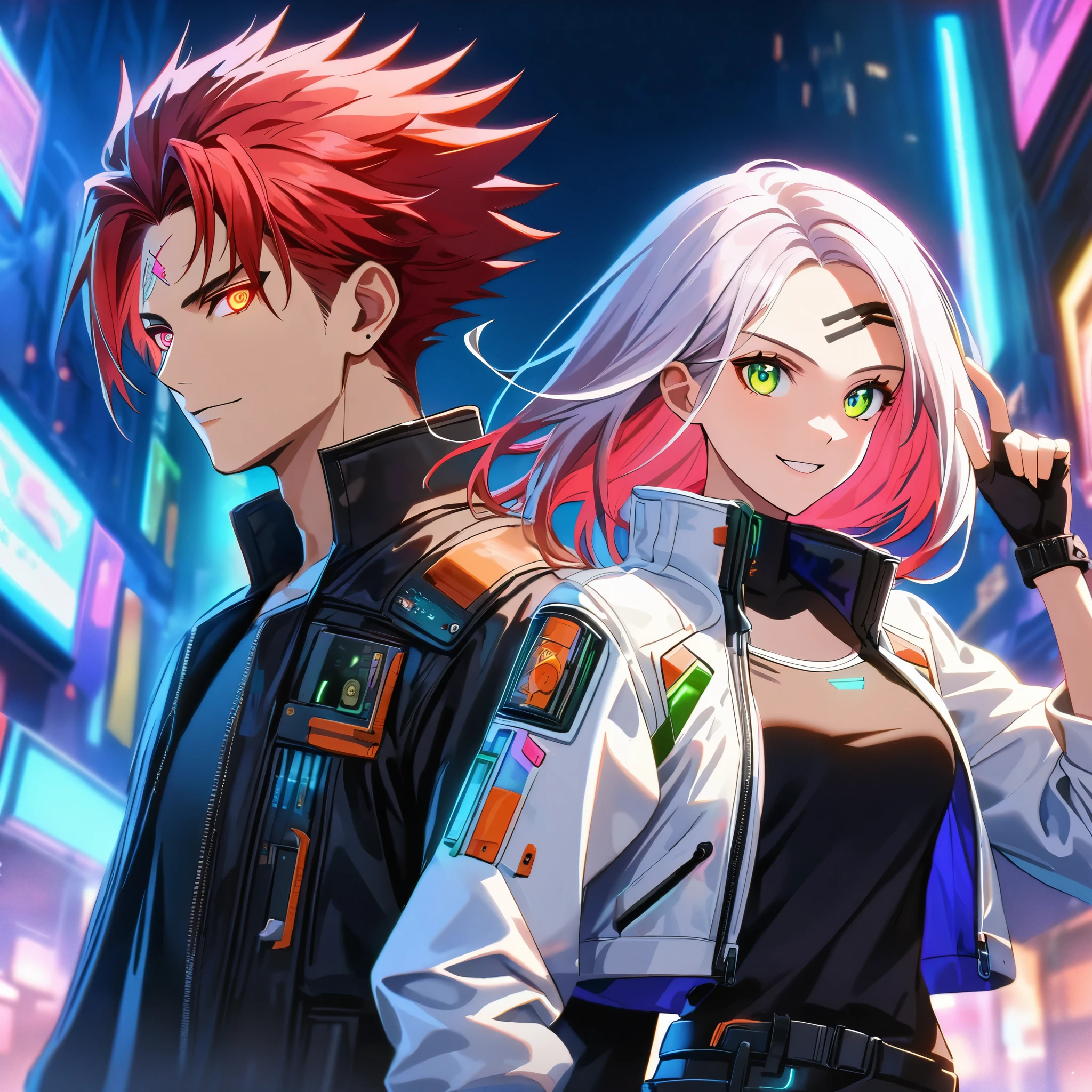 two persons, A man and a girl , man with short hair spiky upwards with some strands falling on the forehead holding a perfect neon katana wearing a leather white jacket and black t shirt, stand and confident pose, confidente smile, cyberpunk, night, fingerless gloves , red hair, neon eyes, ultra detailed face, and his horgeous sister with white long hair and green neon eyes, 