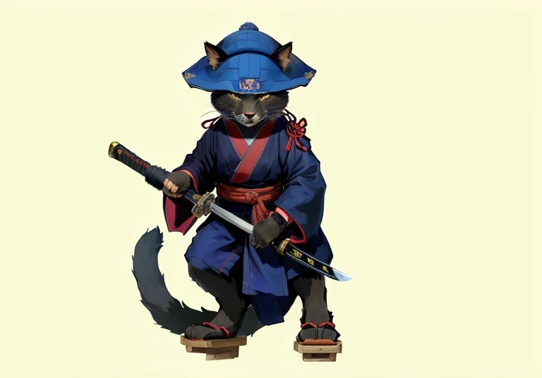 draw a cartoon cat in a blue hat with a sword , a cat walking along a Japanese street in ancient Kyoto, an anthropomorphic ninja cat, Samurai cat,  tail up , in the clutches of unchaki,Ninja Cat, cat the assassin, Warrior Cat, Based on Ryukosai Jokei, Black bear samurai, based on Kawanabe Kyosai, Japanese cartoon style, Monk Tabaxi, 