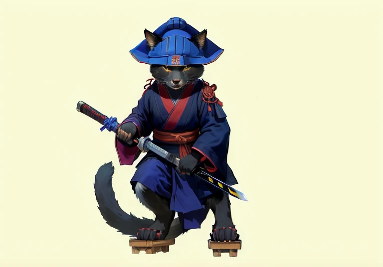 draw a cartoon cat in a blue hat with a sword , a cat walking along a Japanese street in ancient Kyoto, an anthropomorphic ninja cat, Samurai cat, tail up , in the clutches of unchaki,Ninja Cat, cat the assassin, Warrior Cat, Based on Ryukosai Jokei, Black bear samurai, based on Kawanabe Kyosai, Japanese cartoon style, Monk Tabaxi,