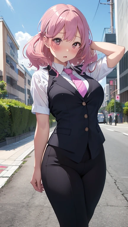 masterpiece、highest quality、Very detailed、Photograph the upper body、1 female、(Put your arms behind your back:1.2)、Are standing、Turn your body forward、View your viewers、(officeレディー、business suit)、blush、shy、Pink Hair、Open your mouth、office、Big Breasts、