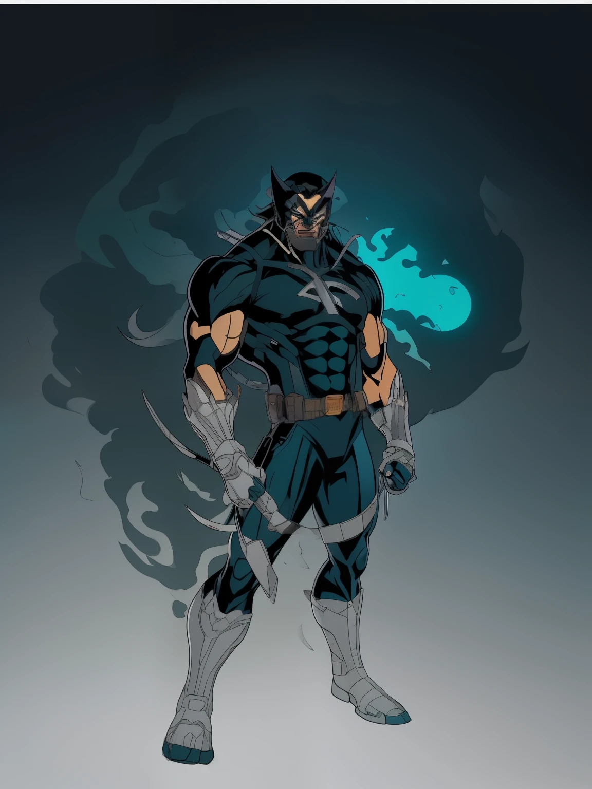 Full body shot, (cel-shading style:1.3), Centered image, Super detailed illustration of a superhero character, Original and very cool, A strong man with a very ripped body, with glowing eyes, very fierce, wearing minimal metal face mask upto nose, with sharp claw like finger armor like a monster. Wolverine like claws. Teal blue color and silver color palette. Ink puncture, (sloping:1.1), strong contours, Art by Alphonse Mucha, Empty white backgroundTrace in bold, no-frame, High contrast, (Cell shade:1.1), vector, 32K resolution, Best Quality, flat-colors, Flat light. Very detailed and intricate
