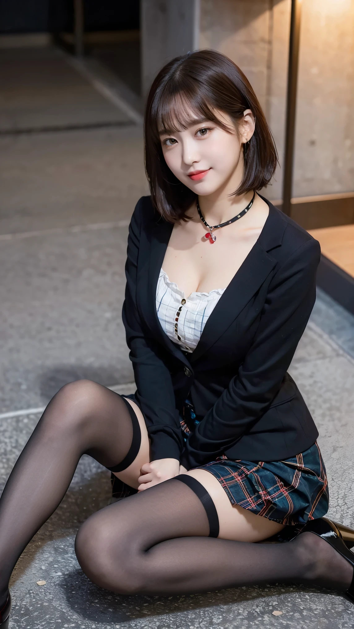 8k), (highest quality: 1.2), (Realistic), (Realistic: 1.37), Ultra-high resolution, (1 girl), cute, A shy smile, Mouth closed,Red cheeks with embarrassment, Beautiful details, Beautiful Nose, Black short hair, bangs,Giant Dulcefo, pork, Thighs，Self Snap,University Uniforms,A simple blazer,Pleated skirt,(The skirt and neckline are tartan checked.....:1.3),(Sitting:1), Sitting on the ground in the city at night,(Hug my feet:1),Mr..々Opaque tights in various colors,(From the side),From above,Bring your face closer