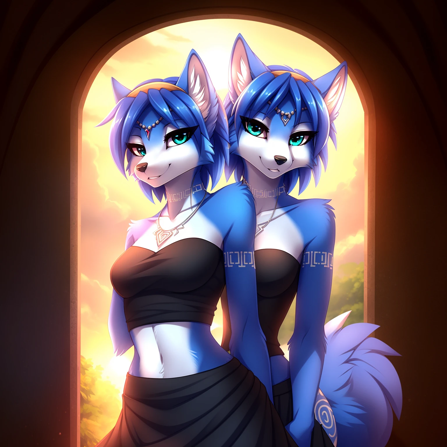 By zinfyuu on pixiv,by twistedscarlet60, uploaded on pixiv, by fluff-kevlar, (masterpiece), (best quality), (anthro furry:1.3, snout:1.2, anthro:1.3, furry:1.2, solo female:1.2), (extremely detailed:1.3), (Detailed eye part: White lens, greem iris,black cornea), tall, slim body, sweet smile, wear Black tshirt and long skirt, krystal