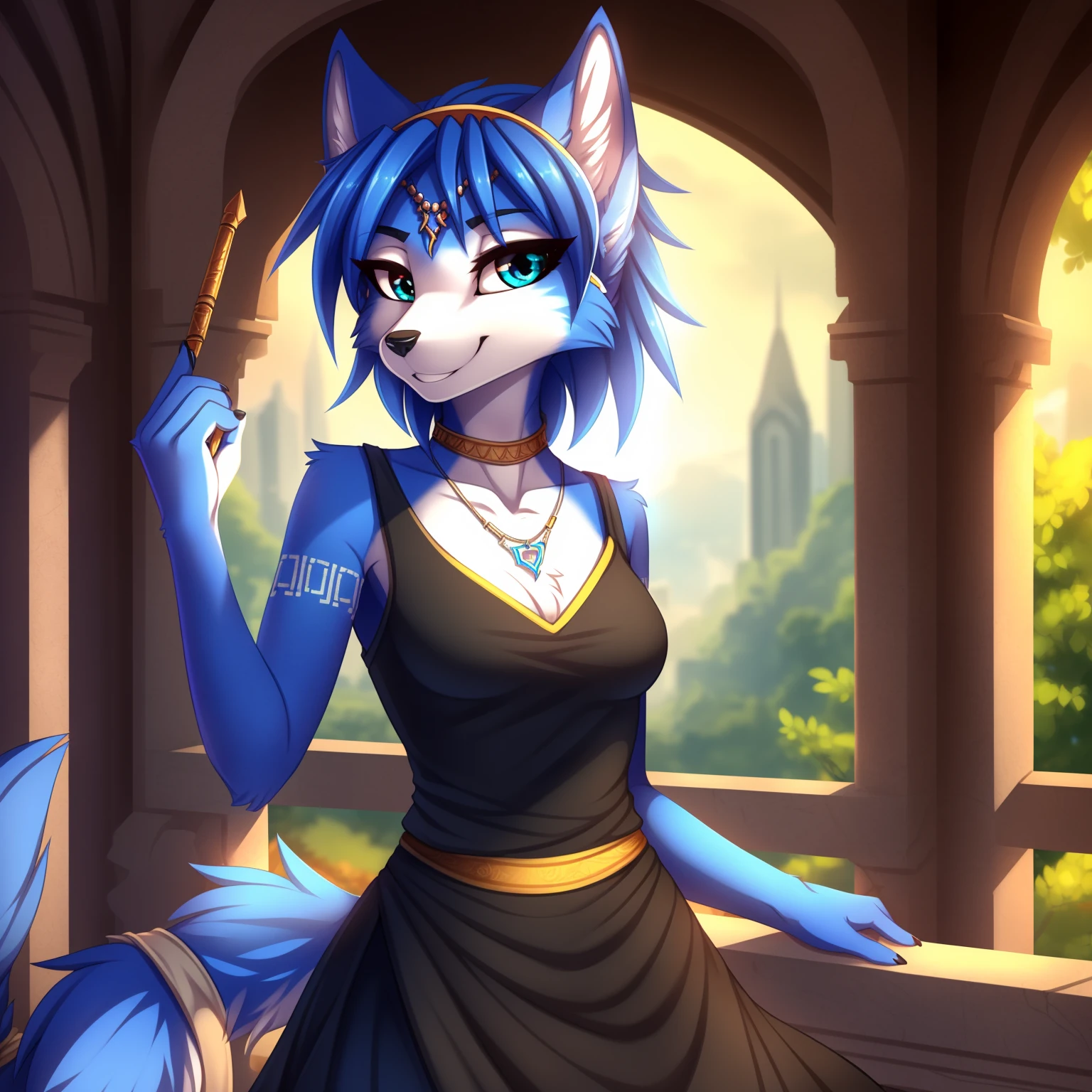 By zinfyuu on pixiv,by twistedscarlet60, uploaded on pixiv, by fluff-kevlar, (masterpiece), (best quality), (anthro furry:1.3, snout:1.2, anthro:1.3, furry:1.2, solo female:1.2), (extremely detailed:1.3), (Detailed eye part: White lens, greem iris,black cornea), tall, slim body, sweet smile, wear Black tshirt and long skirt, krystal