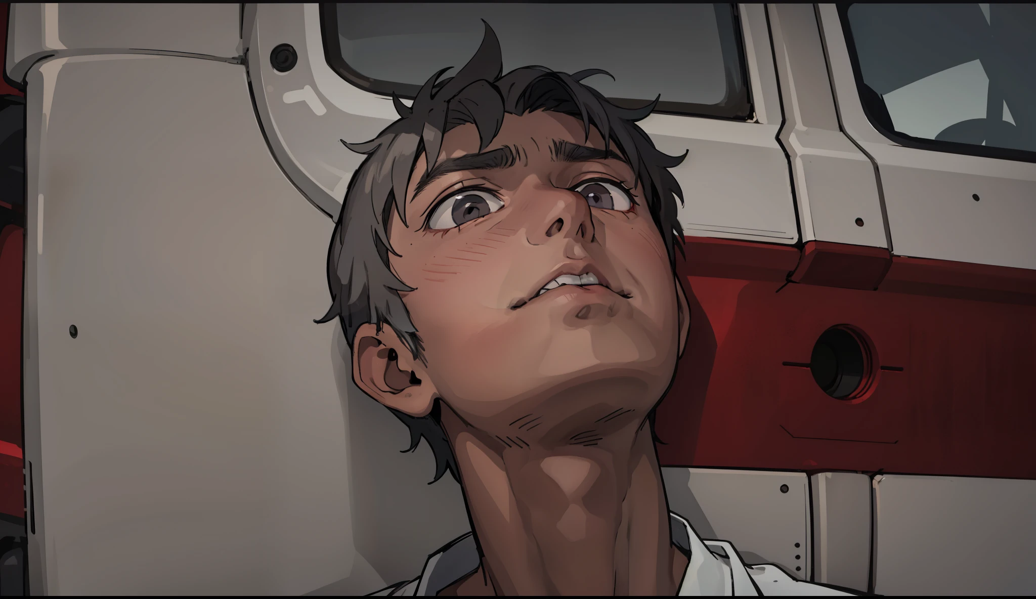 17 year old boy looks up he is exhausted from running and he is scared he sees someone he looks up gray eyes gray hair