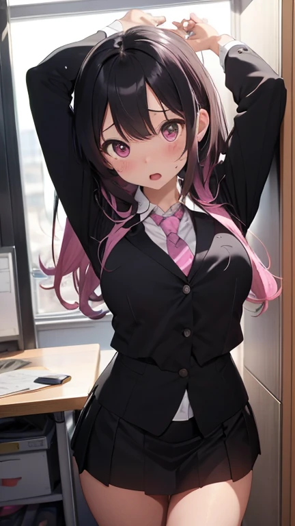 masterpiece、highest quality、Very detailed、Photograph the upper body、1 female、(Put your arms behind your back:1.2)、Are standing、Turn your body forward、View your viewers、(officeレディー、business suit、Black mini skirt)、blush、shy、Pink Hair、Open your mouth、office、Big Breasts、