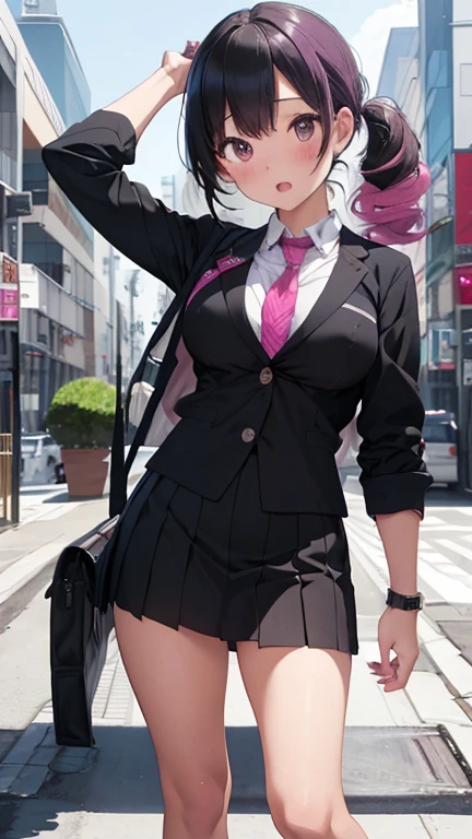 masterpiece、highest quality、Very detailed、Photograph the upper body、1 female、(Put your arms behind your back:1.2)、Are standing、Turn your body forward、View your viewers、(officeレディー、business suit、Black mini skirt)、blush、shy、Pink Hair、Open your mouth、office、Big Breasts、