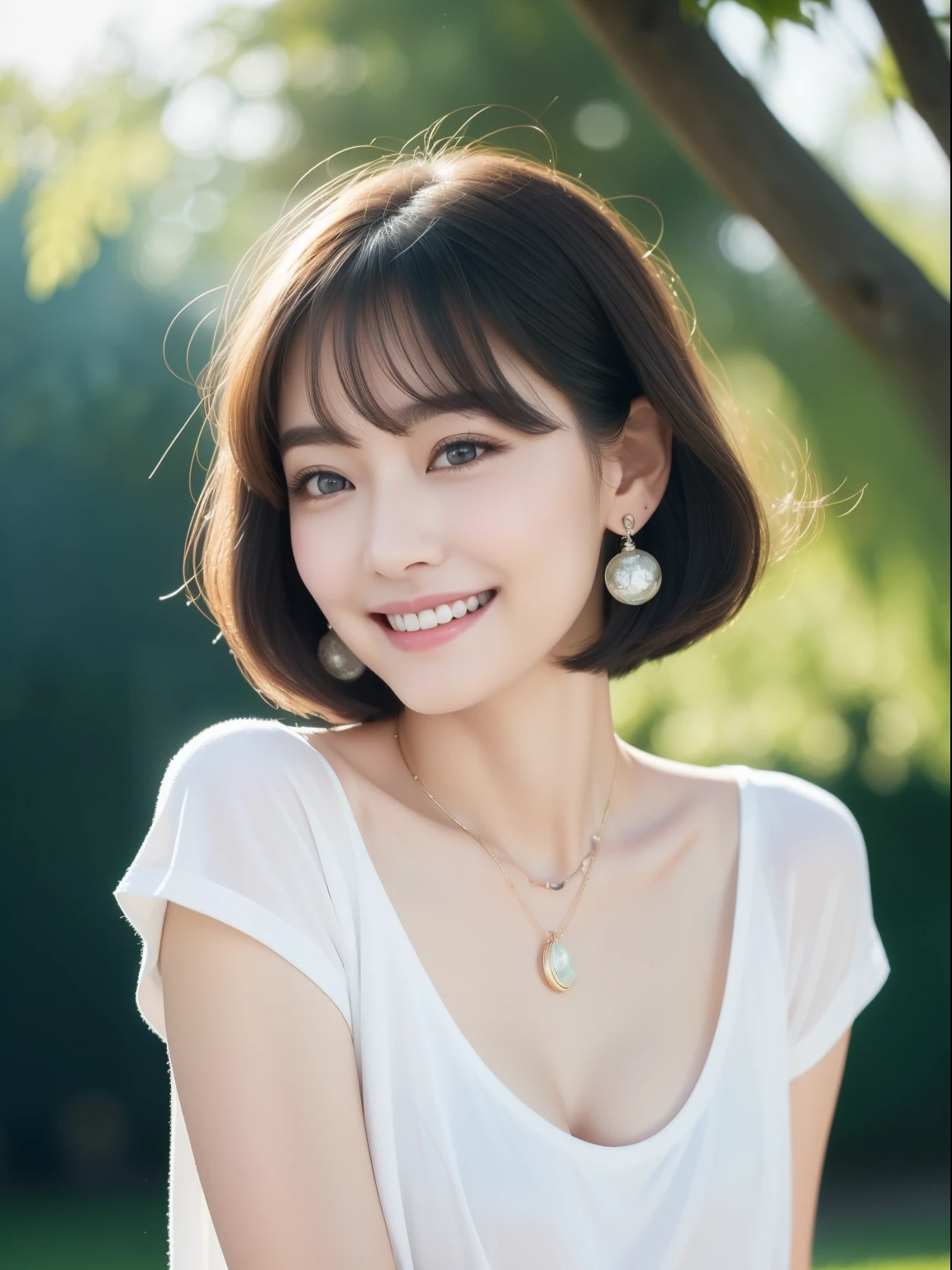 Show me a woman who will surprise everyone、A woman like Audrey Hepburn、face like grace kelly、green grass park、green tree in the distance々、I can see the blue sky in the distance、White clouds floating、One thin round neck T-shirt、You can see her nipples without a bra、Composition seen from slightly below、short hair、bob cut、Jijeans、sneakers、smile just a little、Look at me with kind eyes、Slightly pointed lips、Bangs slightly disturbed by the wind、look up from below、soft backlight、earrings、necklace、bracelet、