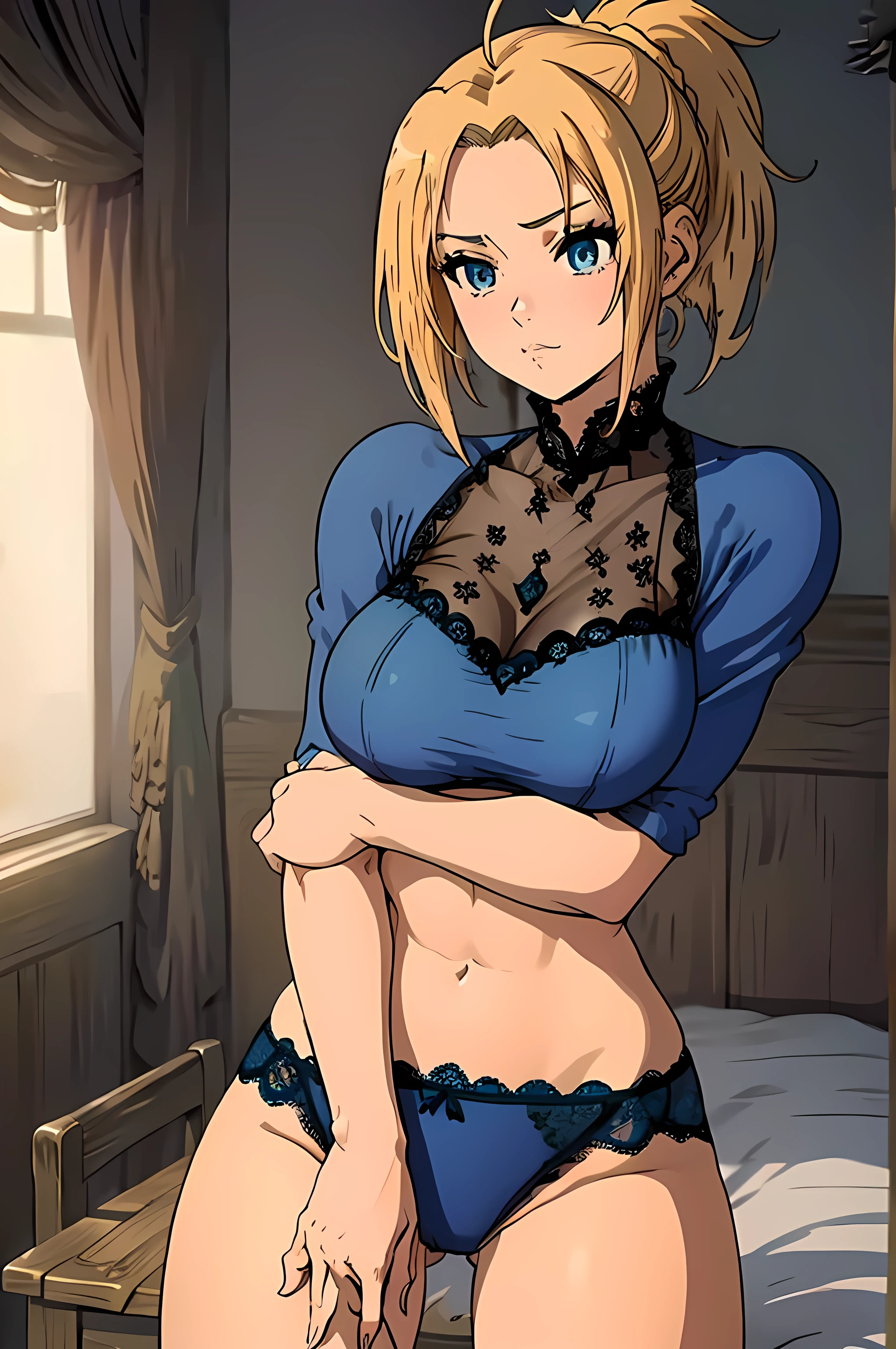 (Anime Style, Retro art style, Clean brush strokes, Very detailed, Perfect Anatomy, Browsing Caution), 1 girl, alone,((zenith)), Blonde, blue eyes, short hair, ponytail, Parted bangs, hair ornaments, Cowboy Shot,(Huge breasts:1.5,(good:1.5, Blue lace, beautiful)), Thin abdominal muscles: 1.1, (panties:1.5, Blue lace), (Spread your legs, Lie),Looking at the audience,Bedroom Background, 