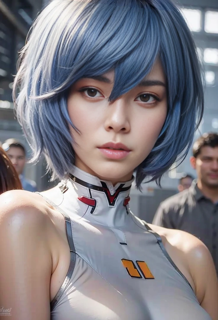 Japanese women、 Beautiful Face、(Realistic:1.3), Intricate details、(Ultra-Realistic Rendering:1.3), Light blue hair, Short Bob、Moonlight Eyes, Soft lighting, Track and field wear、Athletics Stadium、Long Jump、Full body photography