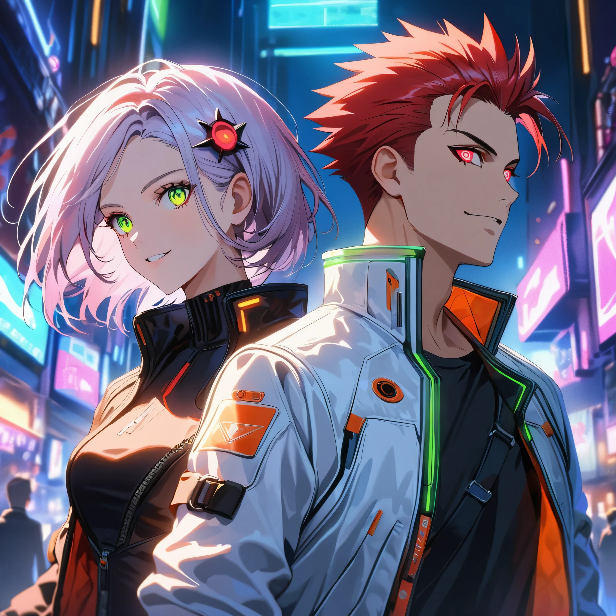 two persons, A man and a girl , man with short hair spiky upwards with some strands falling on the forehead holding a perfect neon katana wearing a leather white jacket and black t shirt, stand and confident pose, confidente smile, cyberpunk, night, fingerless gloves , red hair, neon eyes, ultra detailed face, and his horgeous sister with white long hair and green neon eyes, 