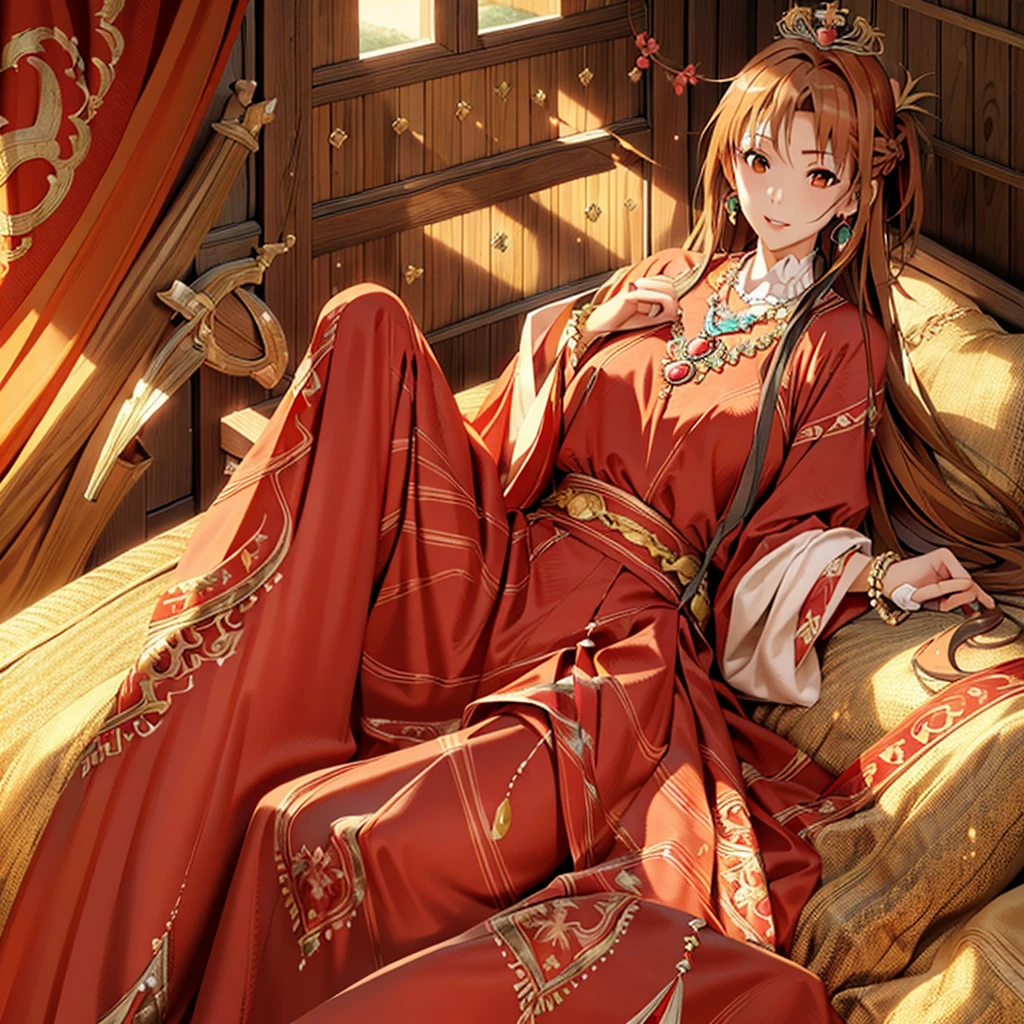 ((highest quality)), ((masterpiece)), (detailed), Perfect Face、Yuuki Asuna、((Brown Hair、Showing pussy with M-shaped legs))、The chest is opened and the breasts are visible、On the bed in the bedroom、A woman seduces a man、A man has sex with a woman、Gorgeous embroidery、Gorgeous Phoenix Crown、The woman is wearing a gorgeous court costume.、Woman has a happy face、Gorgeous hair ornament、Earrings、necklace、Bracelet、Luxury accessories、