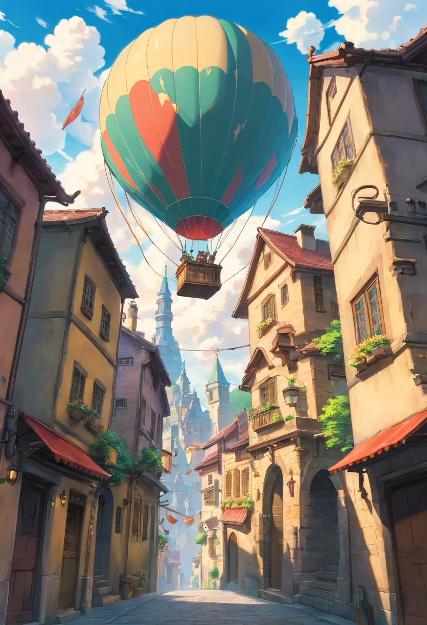A hot air balloon flying high up in the sky as seen from the ground with old styled buildings of europe, art in studio ghibli style, highly detailed, 4k