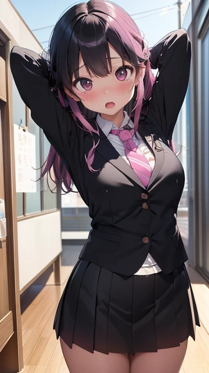 masterpiece、highest quality、Very detailed、Photograph the upper body、1 female、(Put your arms behind your back:1.2)、Are standing、Turn your body forward、View your viewers、(officeレディー、business suit、Black mini skirt)、break,blush、shy、Pink Hair、Open your mouth、office、Big Breasts、