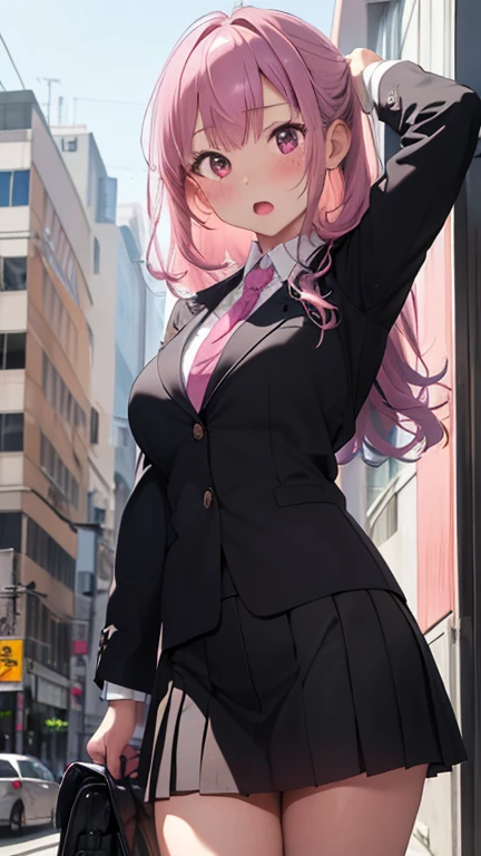 masterpiece、highest quality、Very detailed、Photograph the upper body、1 female、(Put your arms behind your back:1.2)、Are standing、Turn your body forward、View your viewers、(officeレディー、business suit、Black mini skirt)、break,blush、shy、Pink Hair、Open your mouth、office、Big Breasts、