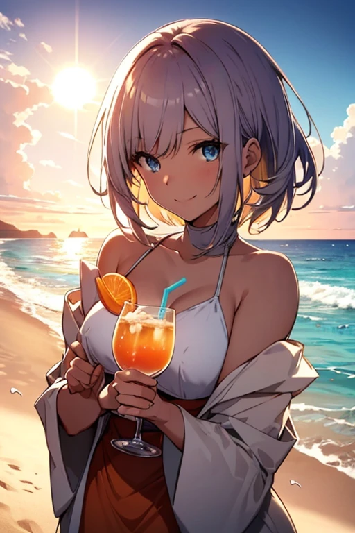 Shylily Vtuber, a slender figure with light violet hair and electric blue eyes, stands bare-chested on the sandy beach. Her short bobbed hair frames her face as a gentle breeze plays with the strands. The sun sets behind her, casting an enchanting orange hue over her upper body, highlighting every curve and detail. In her hand, she holds a glass of cool drink, taking a sip as she gazes out at the vast expanse of the sea. Her smile, wide and radiant, reflects the warmth of the moment. The beach scene is depicted in high resolution, every grain of sand, every wave, and every seagull meticulously painted. The background is