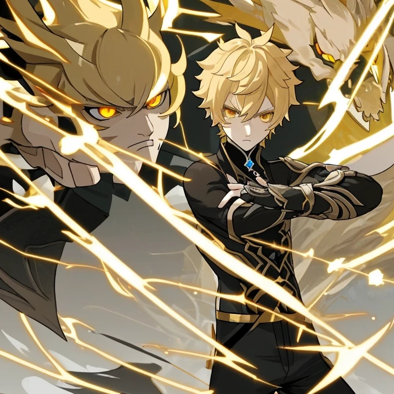 Aether from Genshin Impact. Blonde Boy. Short Hair. Golden eyes. Cold stare. Dragons of energy around him.