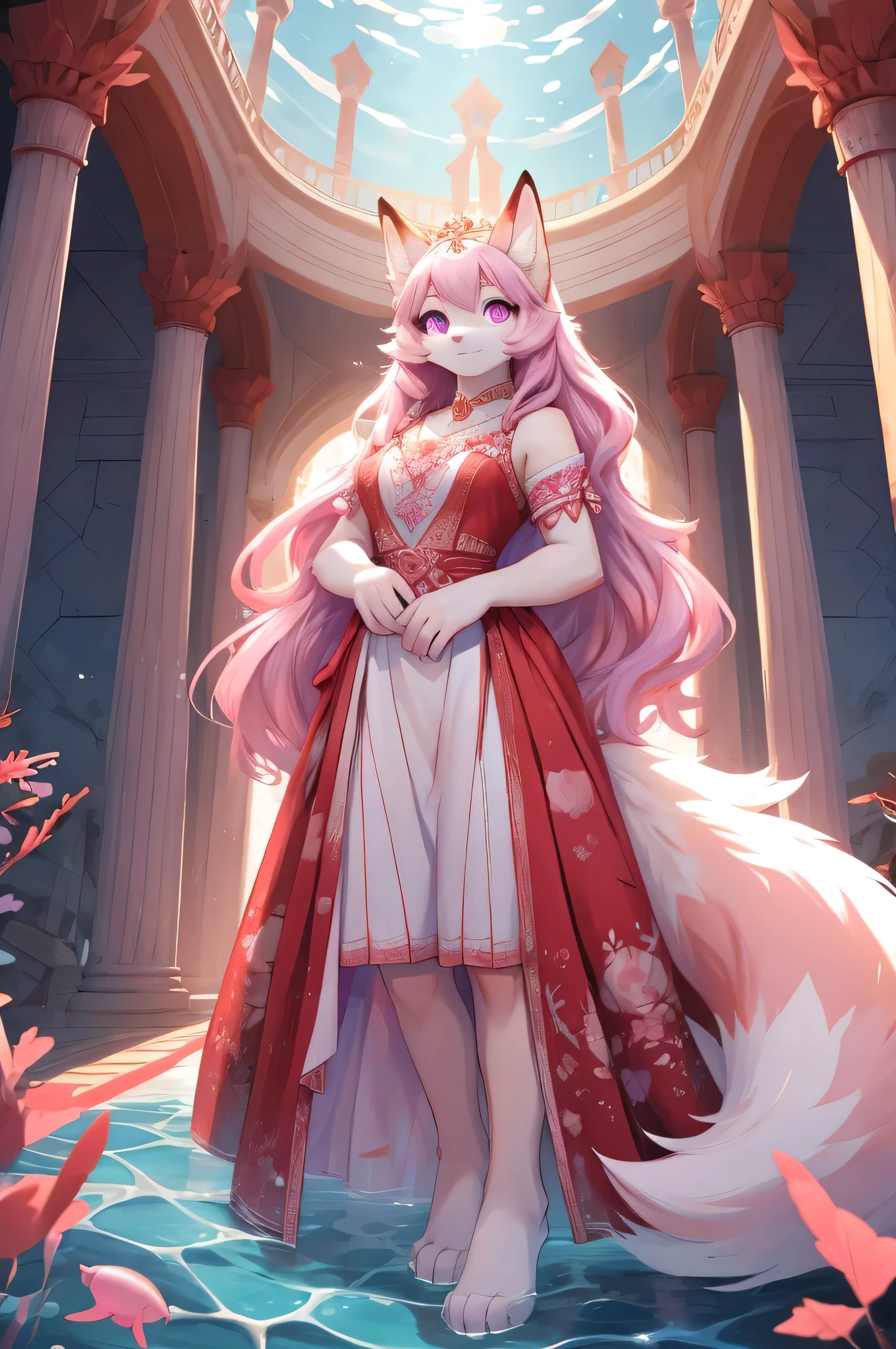 A pink and white female fox, dressed in a gorgeous red and white dress with pink paws. She has purple eyes, pink long hair, and nine pink white tails. She stood in the palace of the deep sea, surrounded by fish swimming. Under her feet was a red carpet woven from the best fabric in the palace.