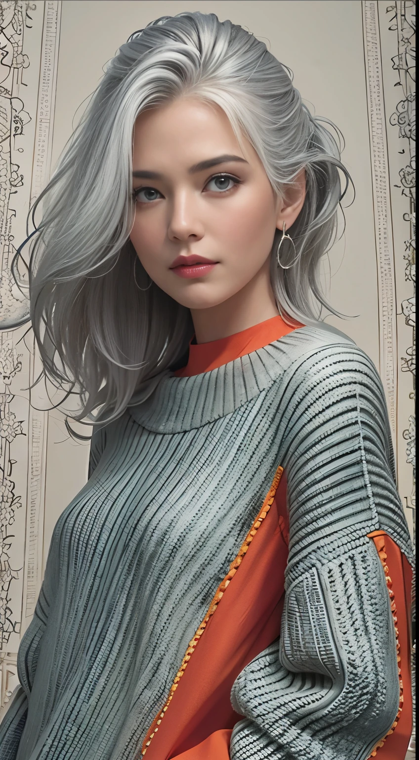 Medium Shot Shot, Beautiful woman looking at the camera, Gray Hair, Chris Foss's off-the-shoulder fall sweater
