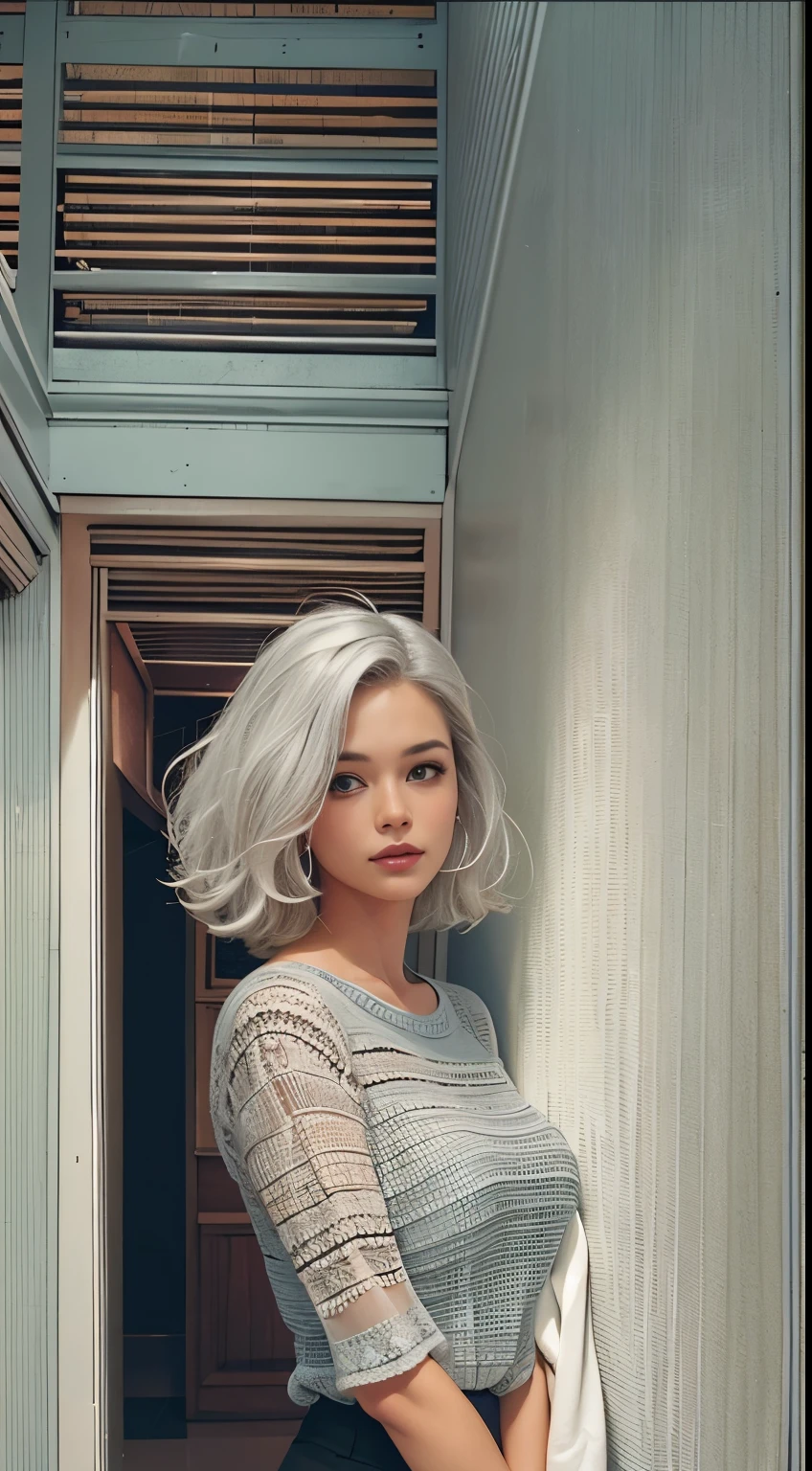 Medium Shot Shot, Beautiful woman looking at the camera, Gray Hair, Chris Foss's off-the-shoulder fall sweater