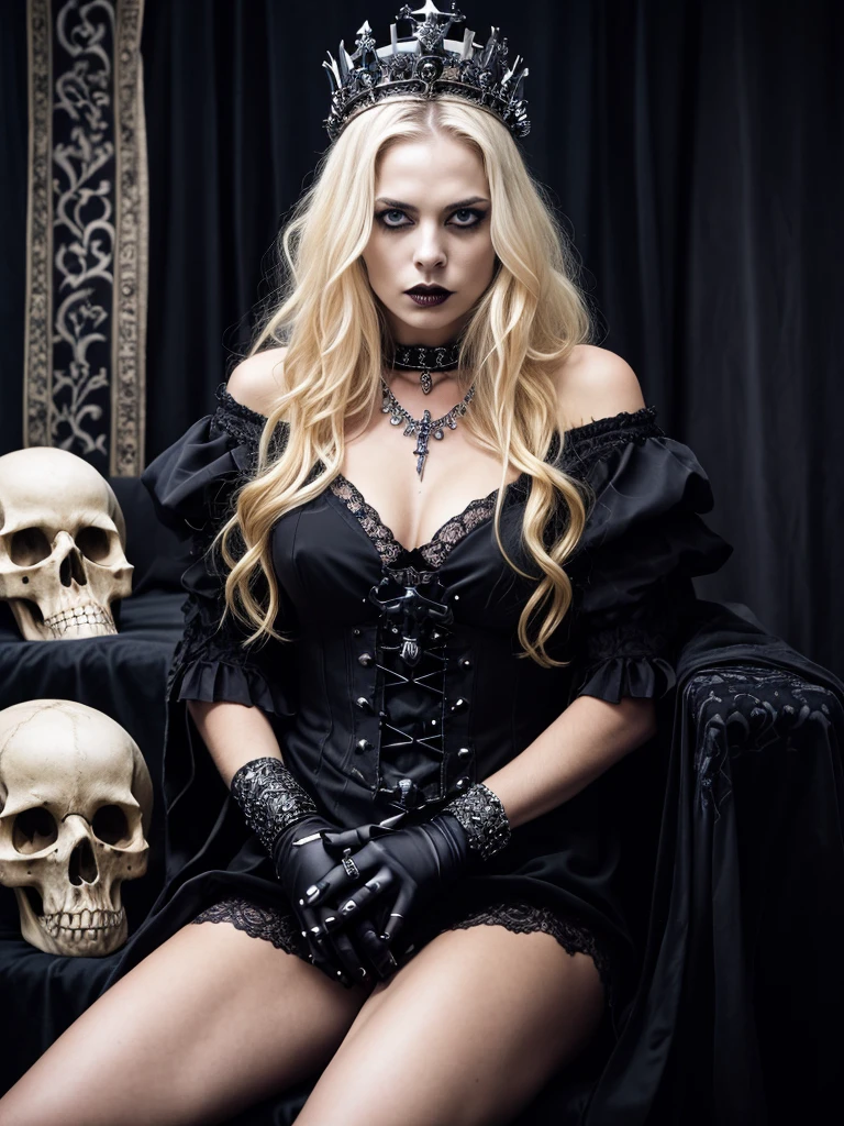 blond woman with a crown sitting on a bed next to a skull, scary queen of death, queen of death, goddess of death, dark goth queen with blue eyes, with a crown of skulls, wearing gothic accessories, gothic maiden, gothic princess portrait, beautiful witch spooky female, adorned with demon skulls, beautiful vampire female queen, gothic maiden of the dark