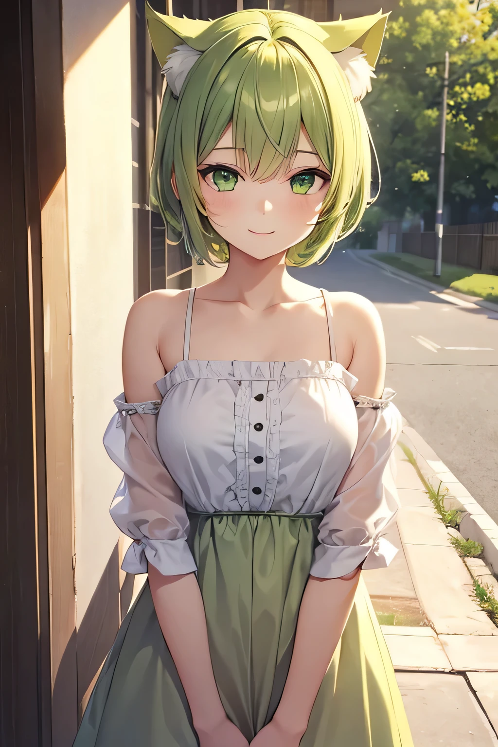 Cute girl with gentle smile, one girl, gentle yellowish green hair, short hair, cat ears, yellowish green eyes.