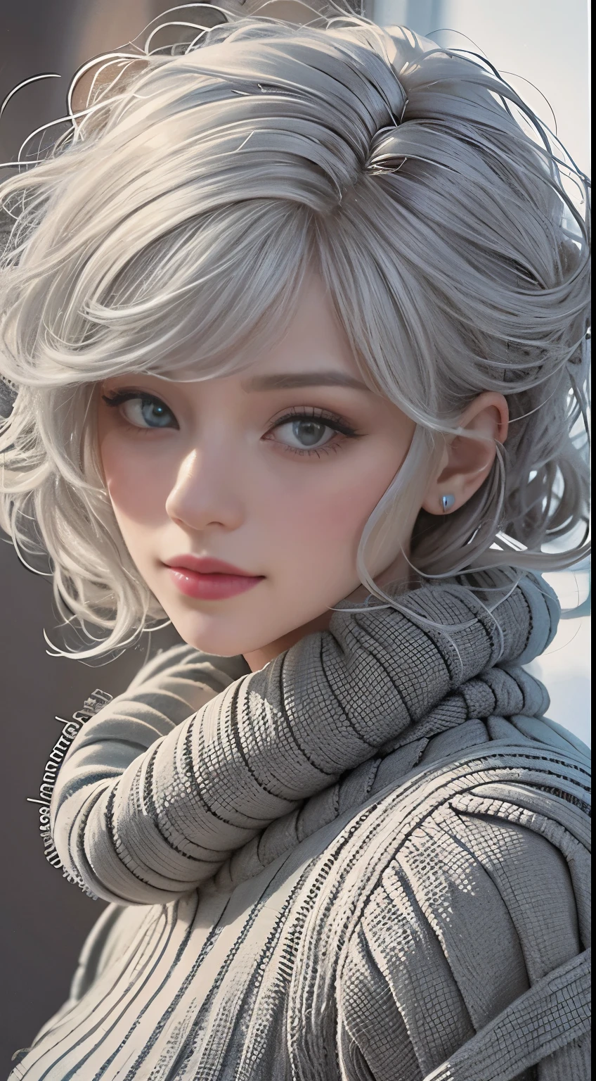 Medium Shot Shot, Beautiful woman looking at the camera, Gray Hair, Chris Foss's off-the-shoulder fall sweater