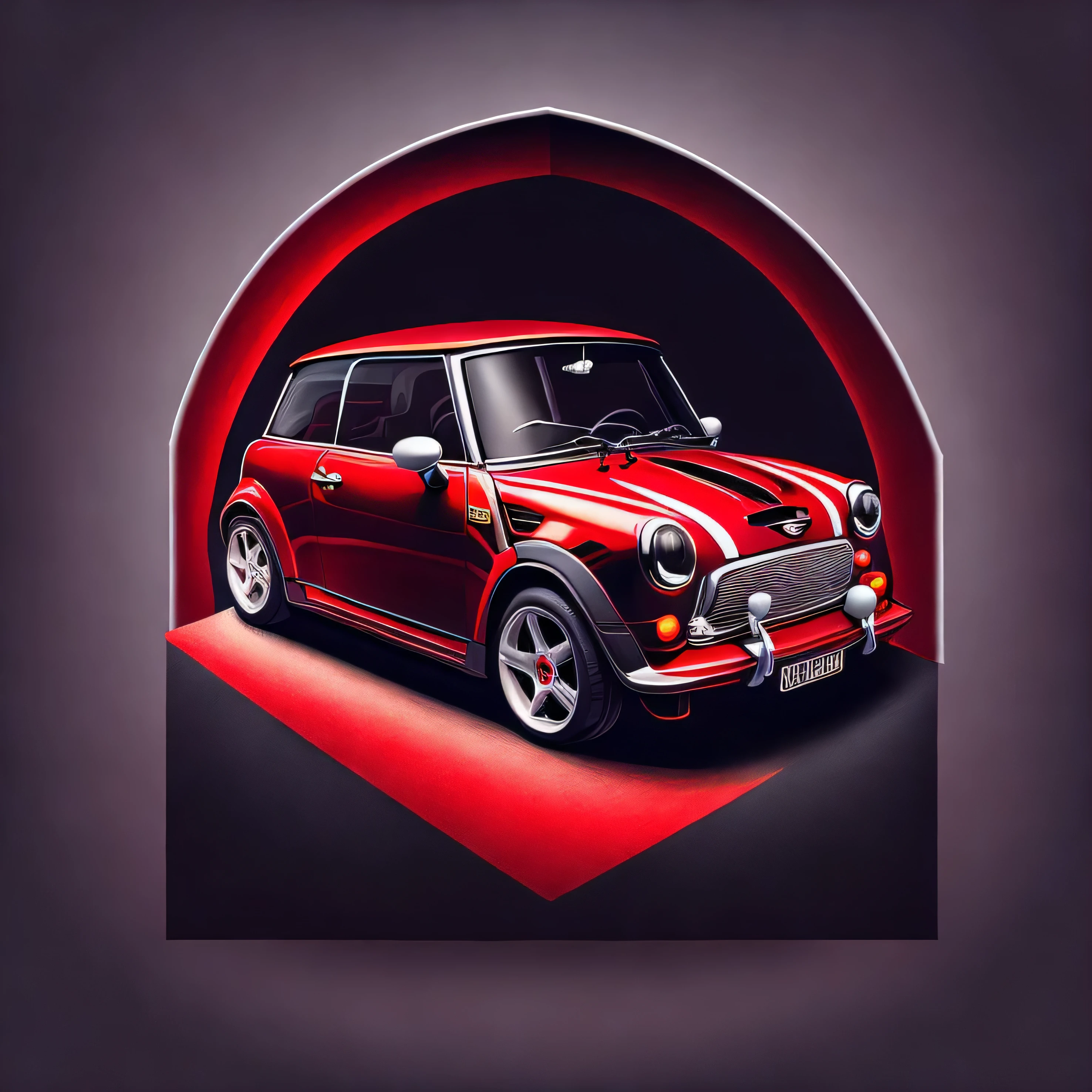 Artwork for t-shirt graphic design, a red R53 Mini Cooper S driving inside a tunnel design, highly detailed clean, vector image, realistic masterpiece, professional photography, realistic car, isometric, vibrant vector