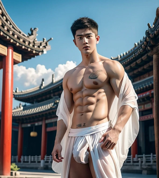 Handsome Chinese boy, super realistic, 20 years old, Chinese Men God, Mythology, Chinese odyssy, Handsome, Twink, Topless, Muscles, Athlete body, Full Frame, Sexy, Professional Lighting, Hanfu Outfit, Chinese Heaven Background, white transparent Underneathe Underwear, Sexy wet skiny bulge,naked body,  see through underwear,  Hanfu Warrior, Hanfu God, Hanfu Male, Hanfu Nobel, Seduce, Sex Appeals,  Alafard man shirtless   carrying a backpack, muscular body, handsome,  manly,  inspirite by Zhang Han, Cai Xukun, Kim Do-young, Inspired by Bian Shoumin, Inspired by Xiao Yuncong, yihao ren, yanjun cheng, jinyiwei, inspired by Huang Gongwang, xintong chen, Wang yi bao, Li Xian,  Leo Wu, Jacket, wearing japanese loincloth,nice butts, Tattoo chest,  tattoo hands,  tattoo arms,  tattoo belly, clear studio light,  ancient chinese Buddhism temple background,  detailed background, fantasy Chinese themed,long big dick masturbate,  correct shape sick,  erection,  the best resolution, 8k, Ultra fullHD, look at the viewer,  catching eyes, 
